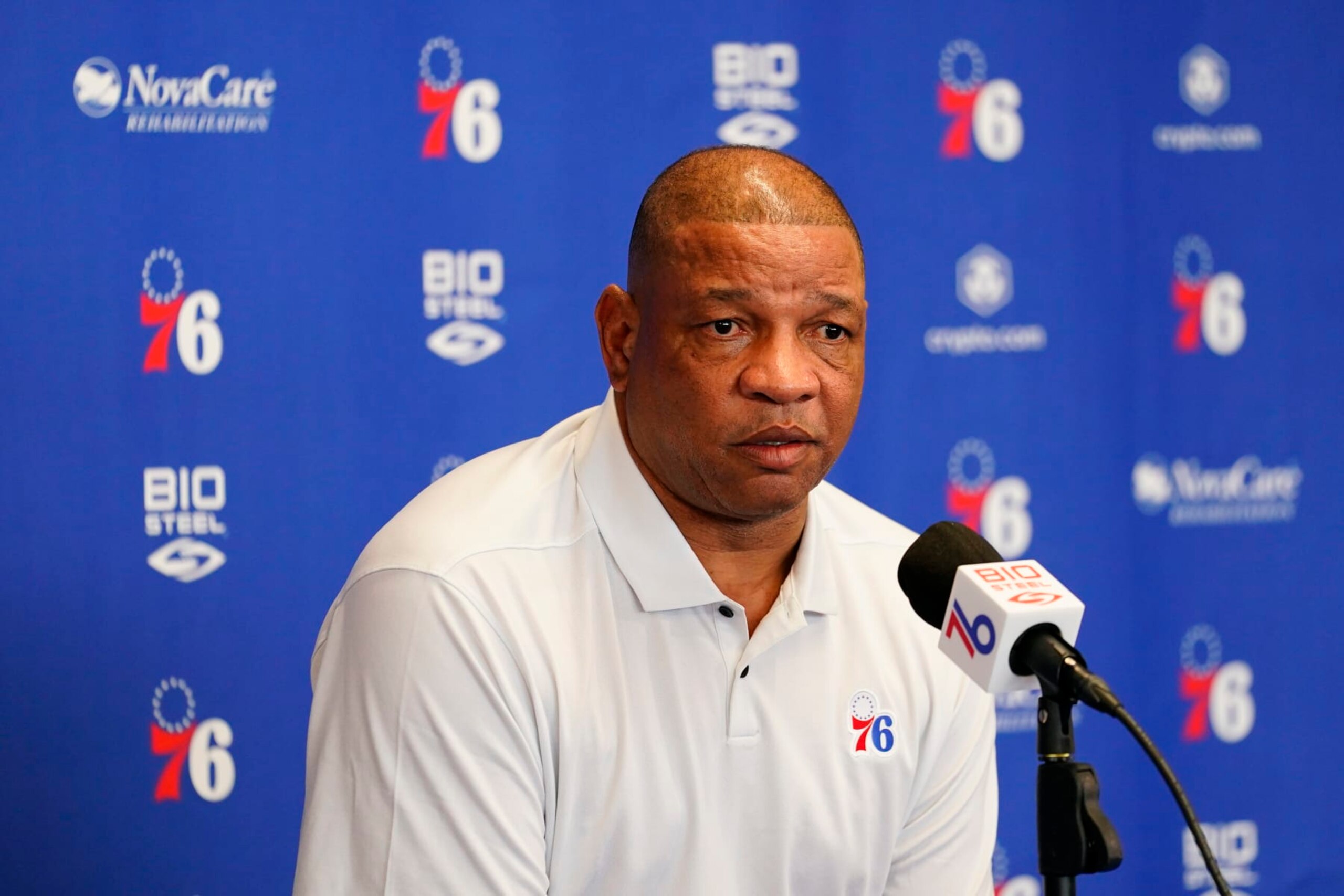 Philadelphia 76ers' Doc Rivers speaks during a news conference at the team's NBA basketball practice facility, Friday, May 13, 2022, in Camden, N.J. (AP Photo/Matt Slocum)