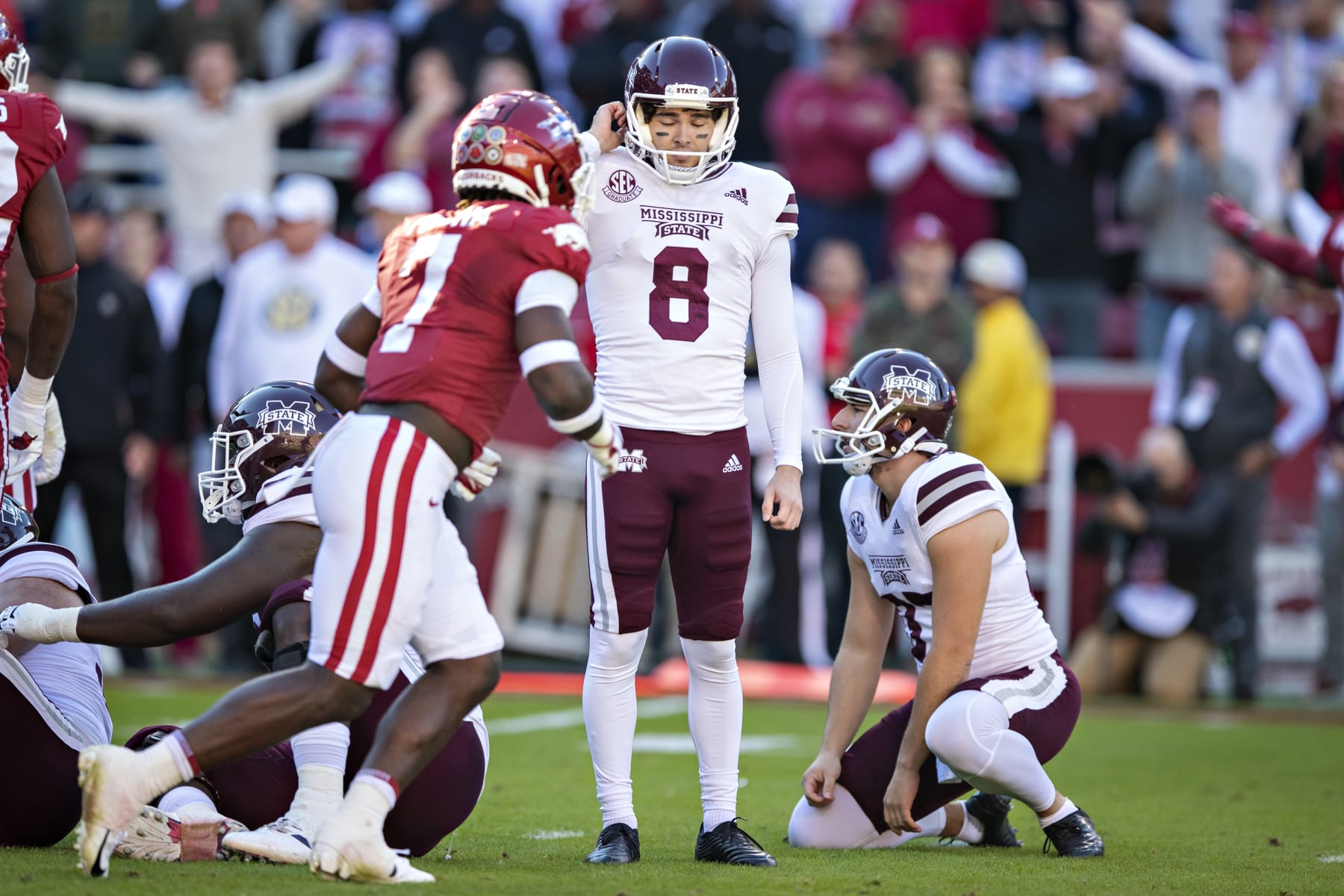 FAYETTEVILLE, ARKANSAS - NOVEMBER 6:  Brandon Ruiz #8 of the Mississippi State Bulldogs reacts after missing a field goal during a game against the Arkansas Razorbacks at Donald W. Reynolds Stadium on November 6, 2021 in Fayetteville, Arkansas.  The Razorbacks defeated the Bulldogs 31-28.  (Photo by Wesley Hitt/Getty Images)