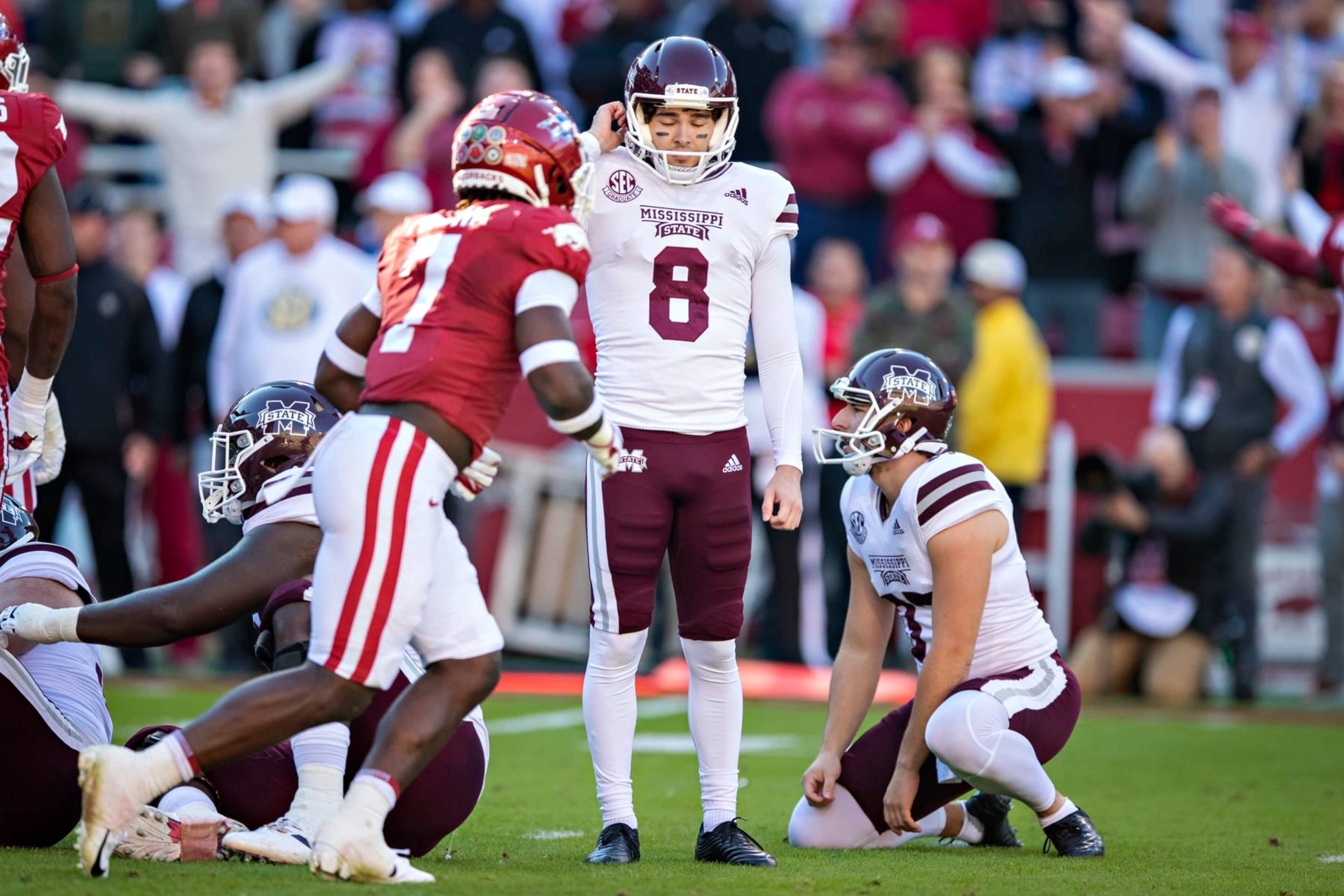 FAYETTEVILLE, ARKANSAS - NOVEMBER 6:  Brandon Ruiz #8 of the Mississippi State Bulldogs reacts after missing a field goal during a game against the Arkansas Razorbacks at Donald W. Reynolds Stadium on November 6, 2021 in Fayetteville, Arkansas.  The Razorbacks defeated the Bulldogs 31-28.  (Photo by Wesley Hitt/Getty Images)