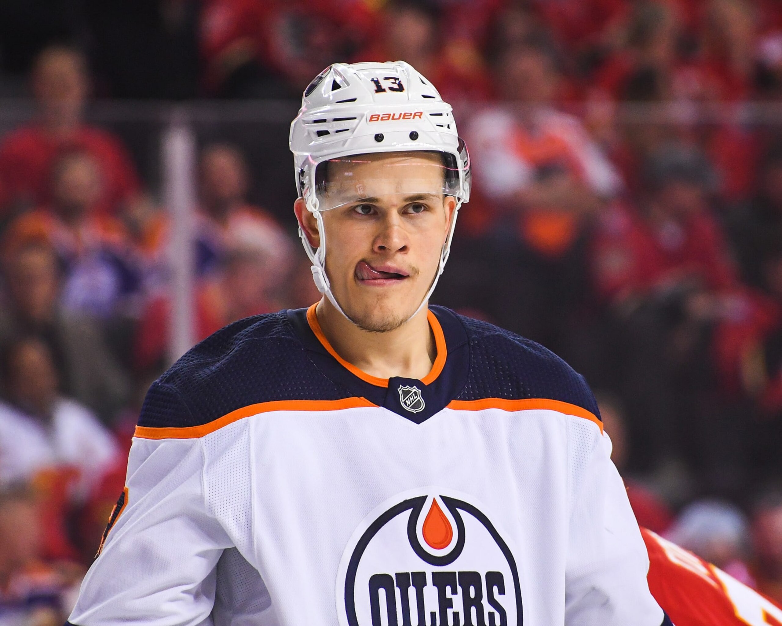 CALGARY, AB - MAY 26: Jesse Puljujarvi #13 of the Edmonton Oilers in action against the Calgary Flames during Game Five of the Second Round of the 2022 Stanley Cup Playoffs at Scotiabank Saddledome on May 26, 2022 in Calgary, Alberta, Canada. The Oilers defeated the Flames 5-4 in overtime to win the series four games to one. (Photo by Derek Leung/Getty Images)