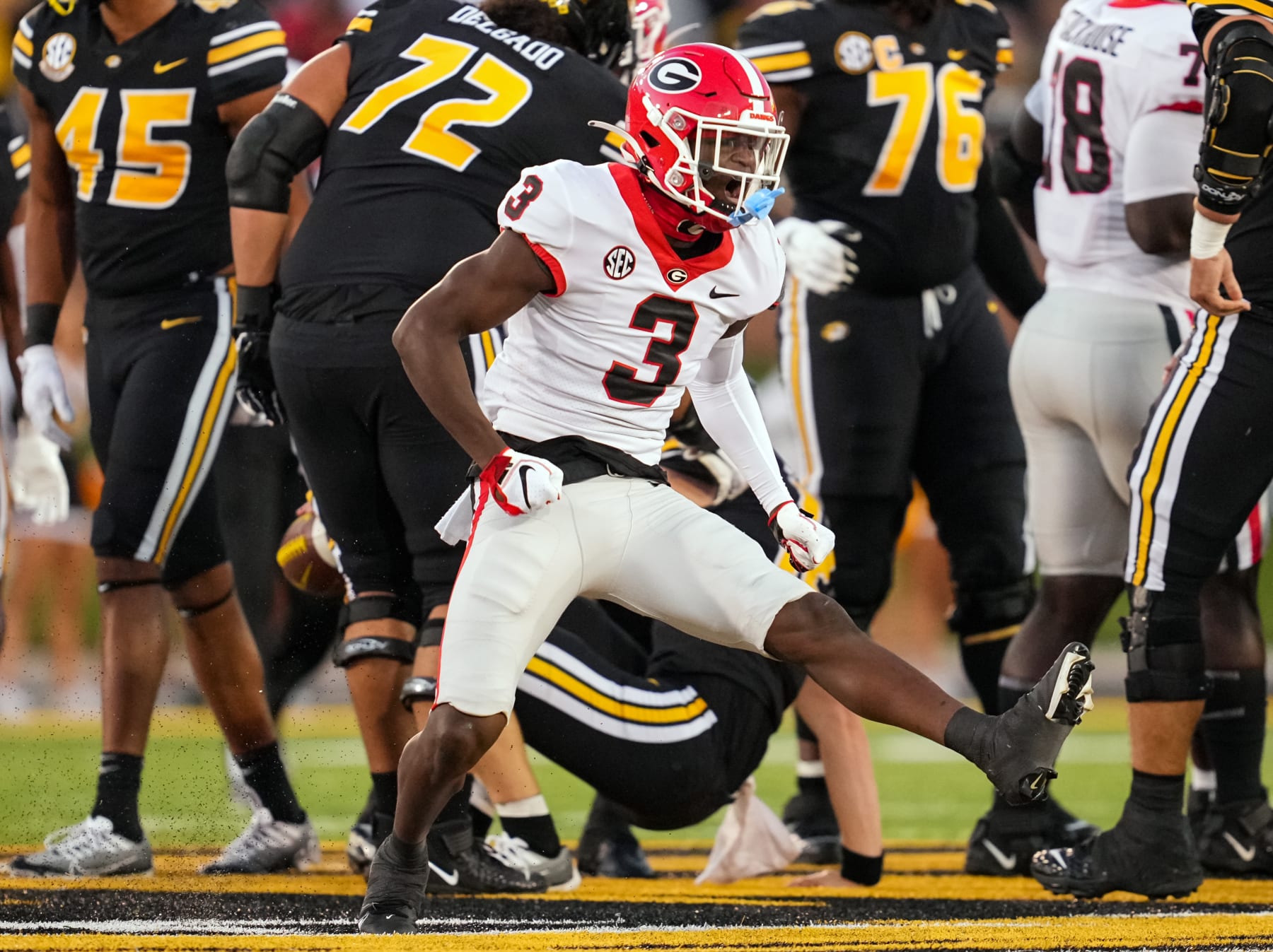COLUMBIA, MO - OCTOBER 01: Kamari Lassiter #3 of the Georgia Bulldogs celebrates during the first half against the Missouri Tigers at Faurot Field/Memorial Stadium on October 1, 2022 in Columbia, Missouri. (Photo by Jay Biggerstaff/Getty Images)