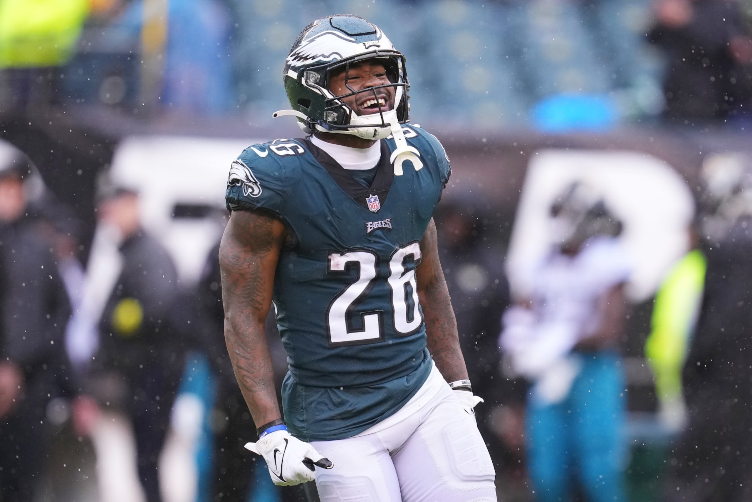 PHILADELPHIA, PENNSYLVANIA - OCTOBER 02: Miles Sanders #26 of the Philadelphia Eagles celebrates during the fourth quarter against the Jacksonville Jaguars at Lincoln Financial Field on October 02, 2022 in Philadelphia, Pennsylvania. (Photo by Mitchell Leff/Getty Images)
