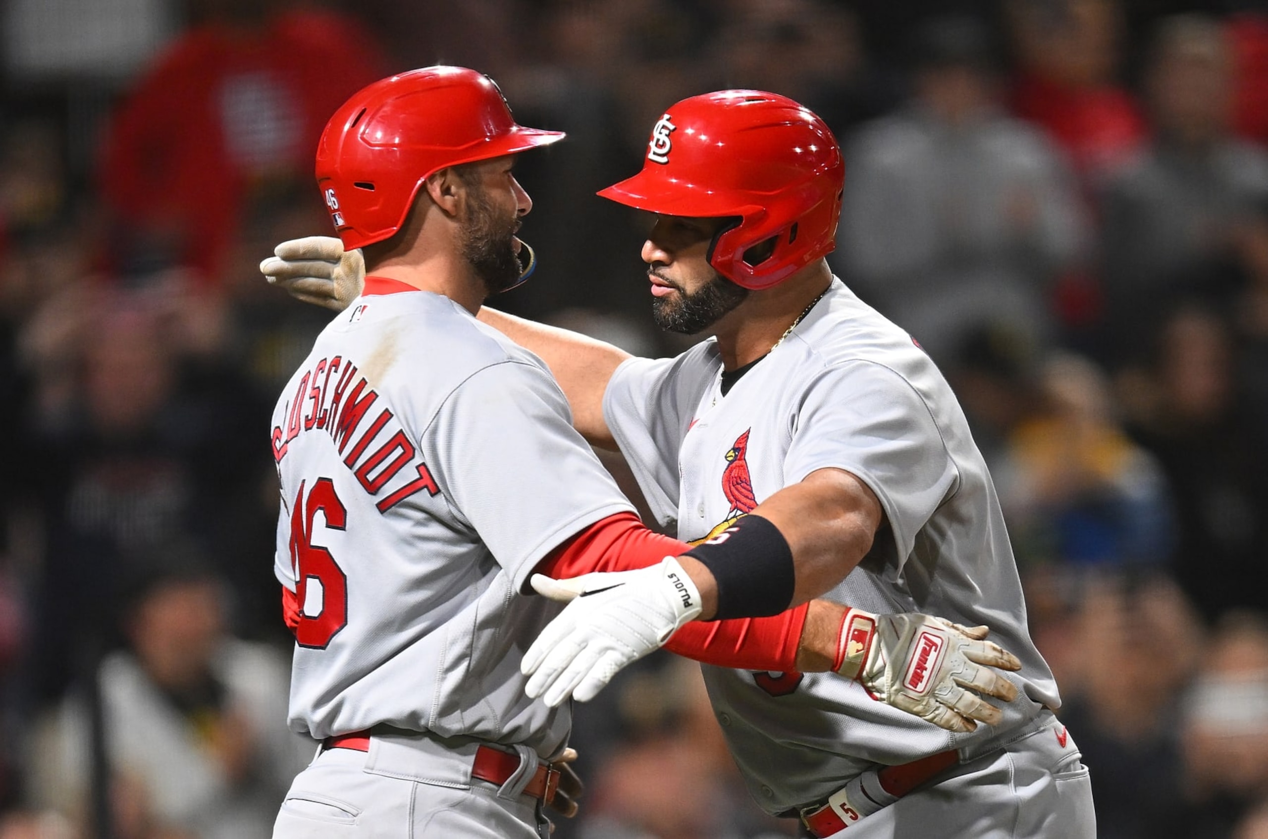 PITTSBURGH, PA - OCTOBER 03:  Albert Pujols #5 of the St. Louis Cardinals celebrates his two-run home run with Paul Goldschmidt #46 during the sixth inning against the Pittsburgh Pirates at PNC Park on October 3, 2022 in Pittsburgh, Pennsylvania. (Photo by Joe Sargent/Getty Images)