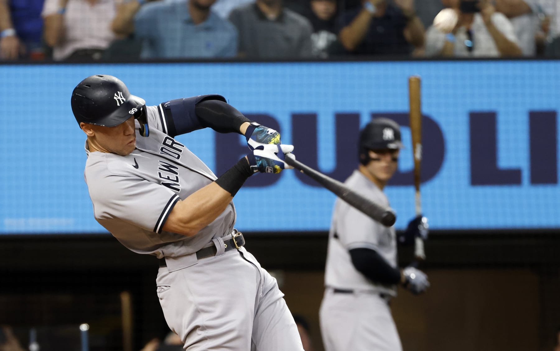 ARLINGTON, TX - OCTOBER 4: Aaron Judge #99 of the New York Yankees flies out against the Texas Rangers during the third inning in game one of a double header at Globe Life Field on October 4, 2022 in Arlington, Texas. (Photo by Ron Jenkins/Getty Images)