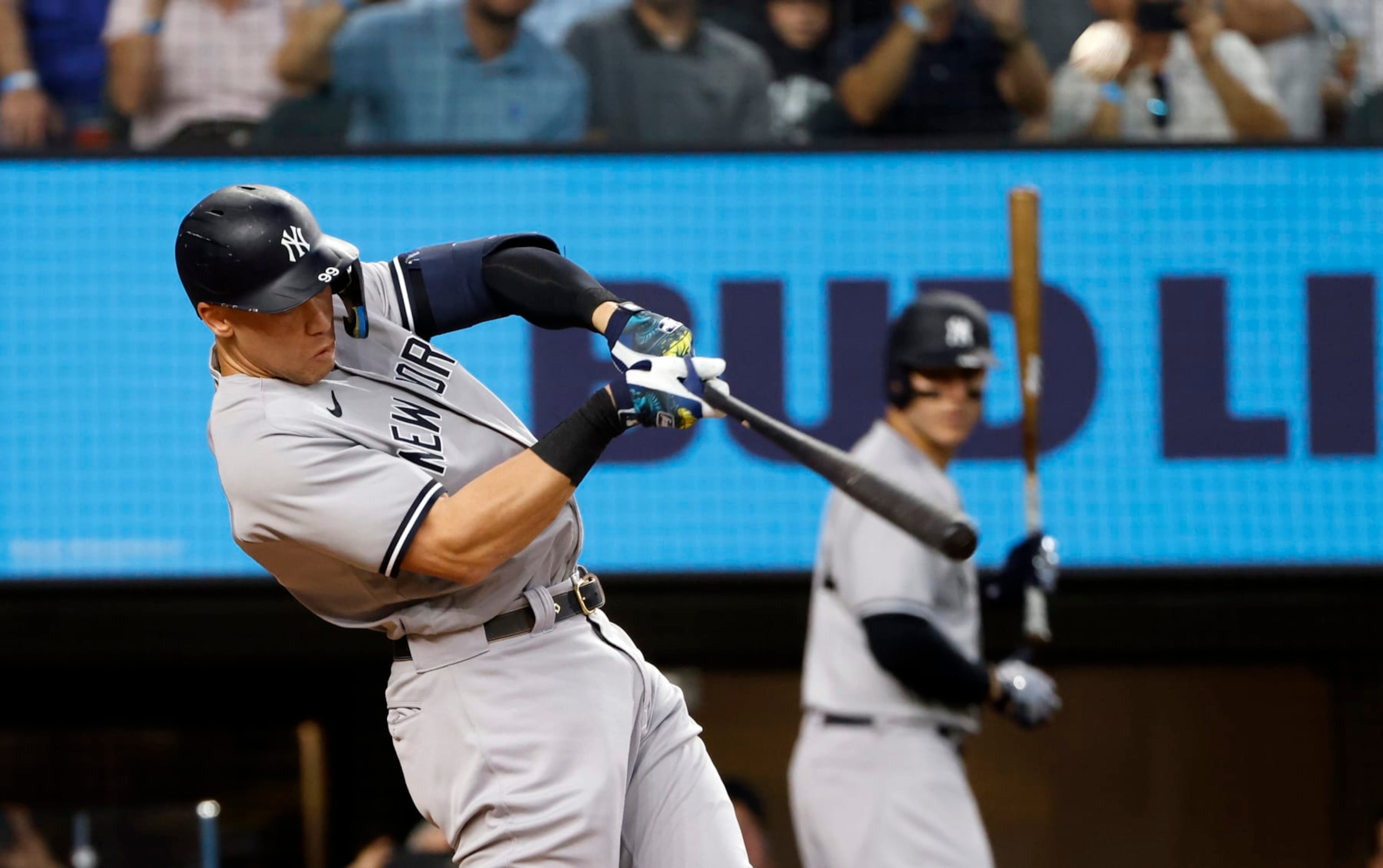 ARLINGTON, TX - OCTOBER 4: Aaron Judge #99 of the New York Yankees flies out against the Texas Rangers during the third inning in game one of a double header at Globe Life Field on October 4, 2022 in Arlington, Texas. (Photo by Ron Jenkins/Getty Images)
