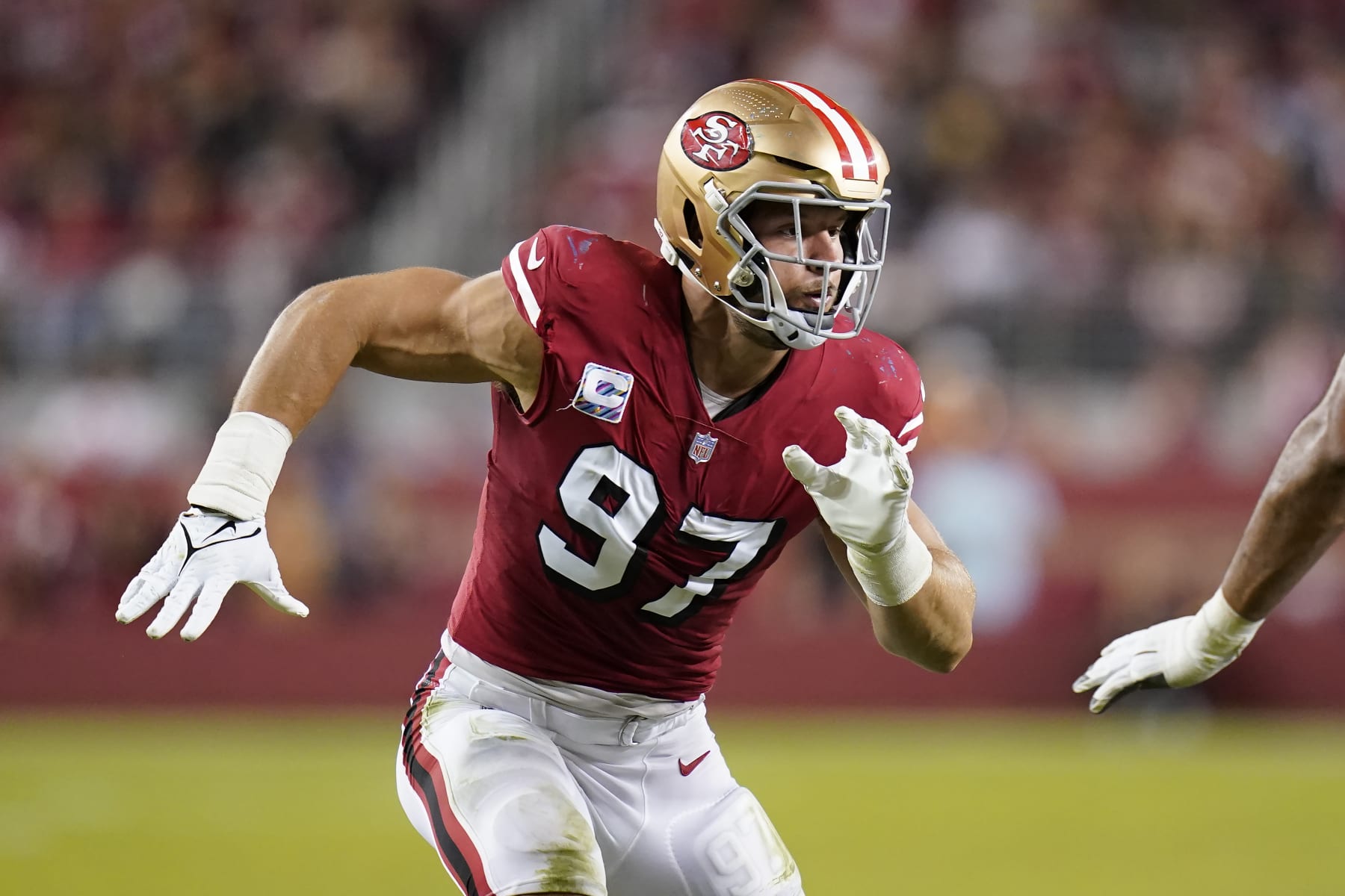 San Francisco 49ers defensive end Nick Bosa (97) during an NFL football game against the Los Angeles Rams in Santa Clara, Calif., Monday, Oct. 3, 2022. (AP Photo/Godofredo A. Vásquez)