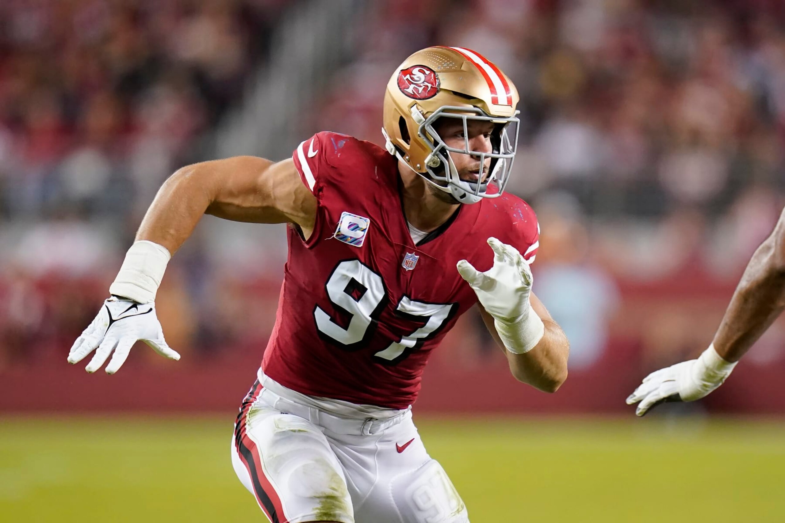 San Francisco 49ers defensive end Nick Bosa (97) during an NFL football game against the Los Angeles Rams in Santa Clara, Calif., Monday, Oct. 3, 2022. (AP Photo/Godofredo A. Vásquez)