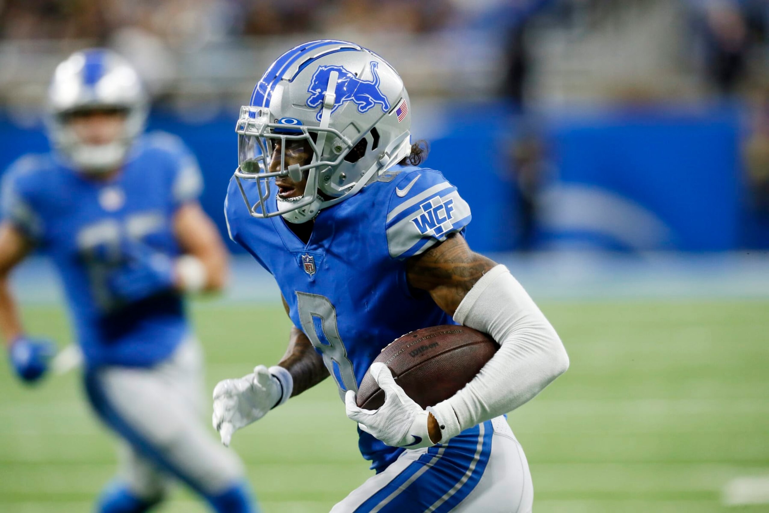 Detroit Lions wide receiver Josh Reynolds rushes during the first half of an NFL football game against the Seattle Seahawks, Sunday, Oct. 2, 2022, in Detroit. (AP Photo/Duane Burleson)