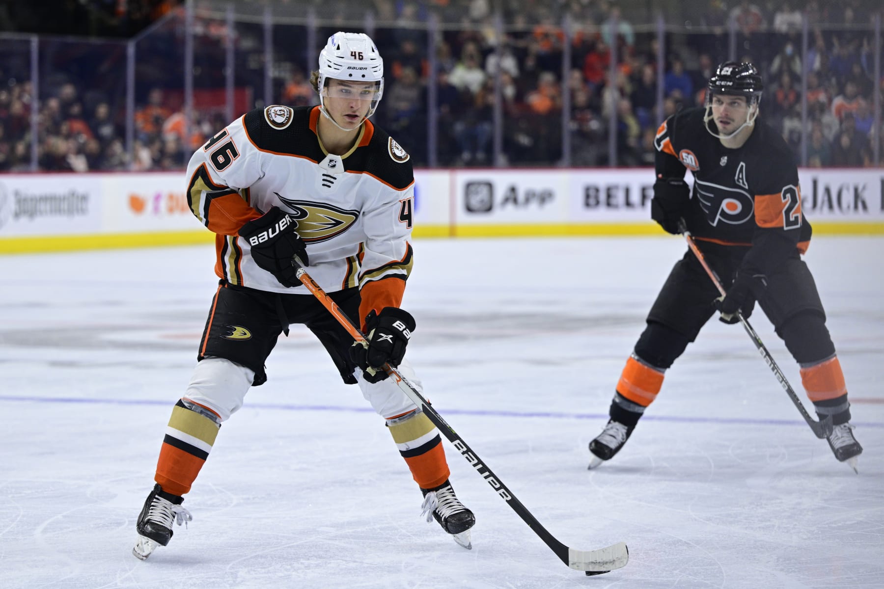Anaheim Ducks' Trevor Zegras in action during an NHL hockey game against the Philadelphia Flyers, Saturday, April 9, 2022, in Philadelphia. (AP Photo/Derik Hamilton)