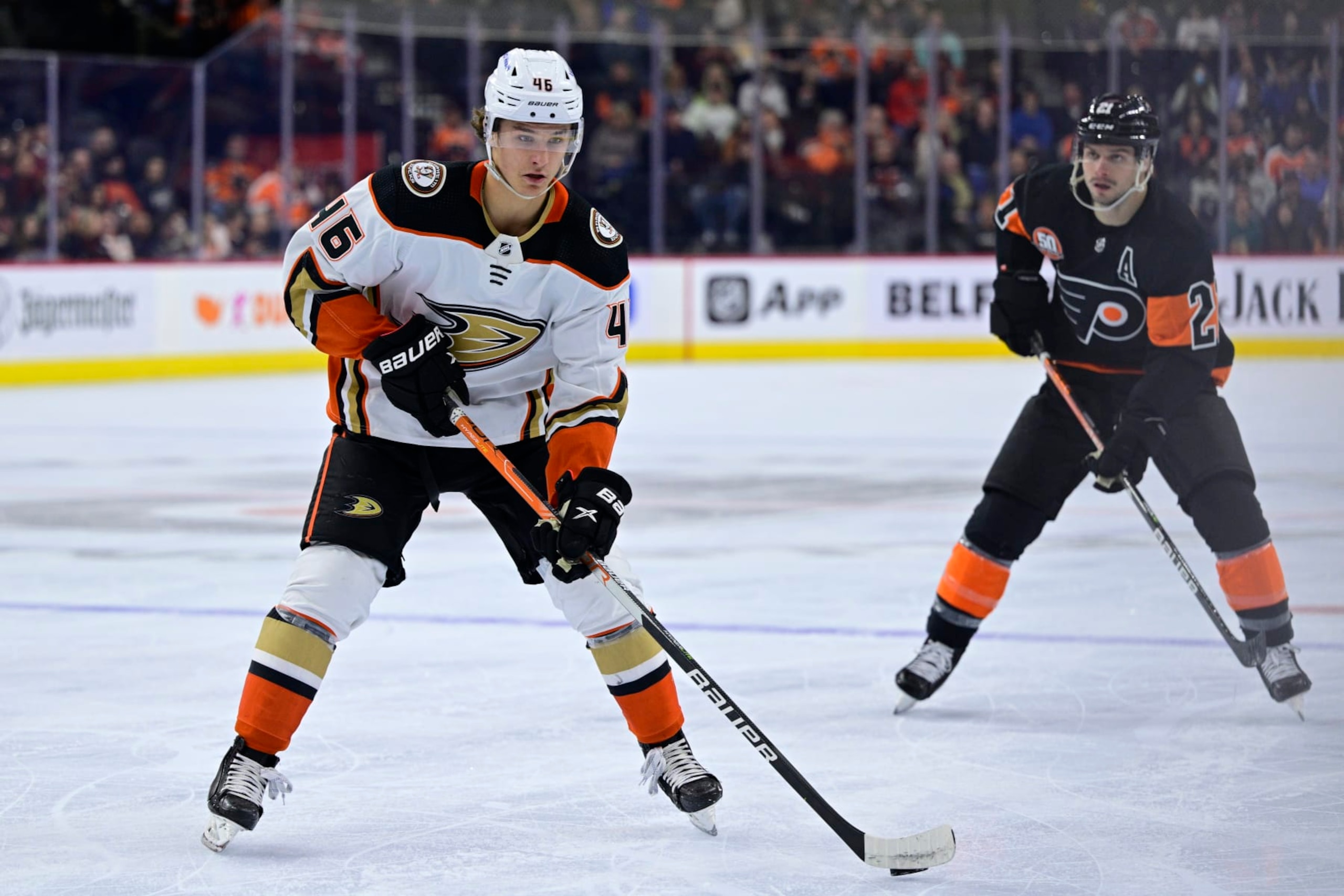 Anaheim Ducks' Trevor Zegras in action during an NHL hockey game against the Philadelphia Flyers, Saturday, April 9, 2022, in Philadelphia. (AP Photo/Derik Hamilton)