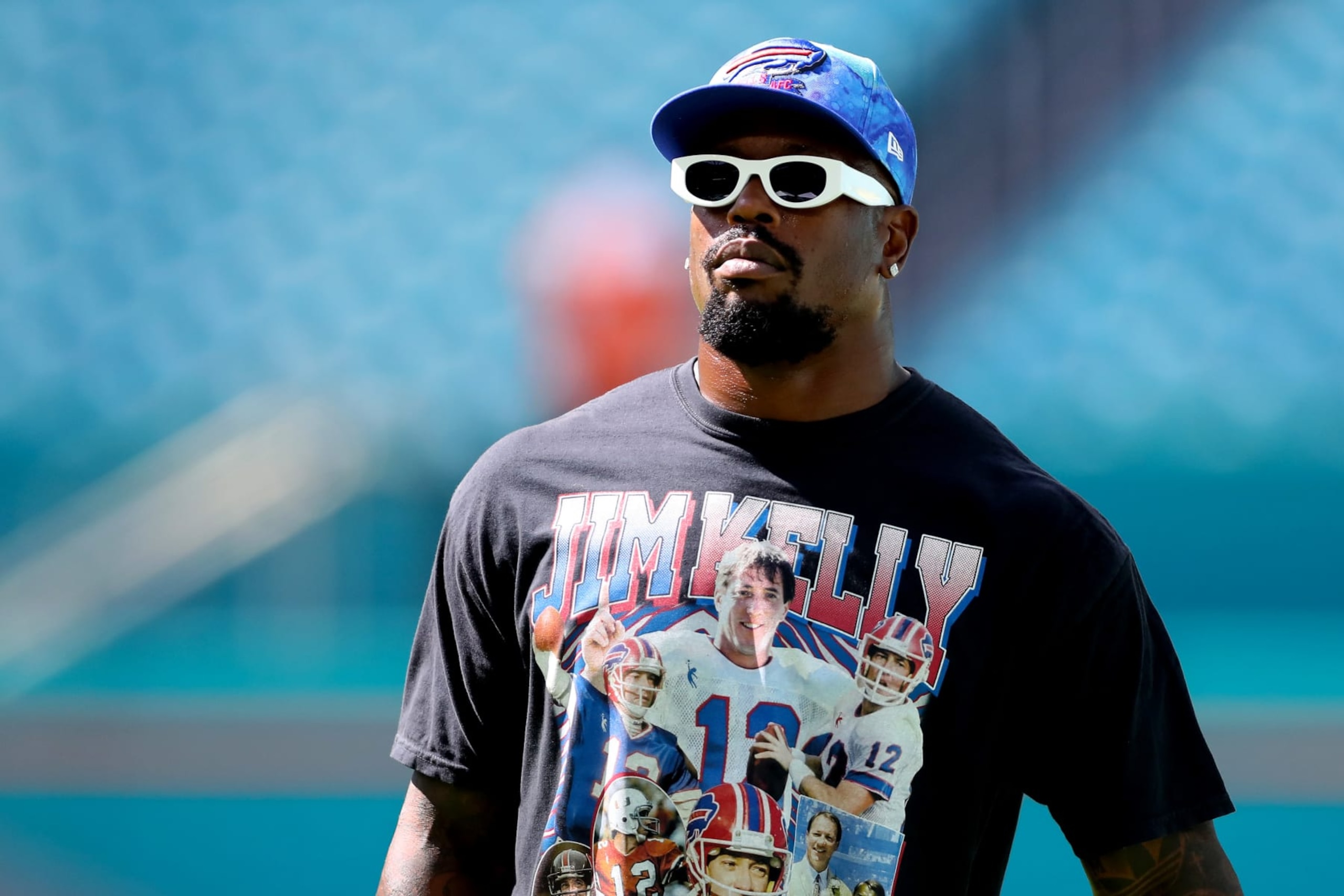 MIAMI GARDENS, FLORIDA - SEPTEMBER 25: Von Miller #40 of the Buffalo Bills looks on prior to playing the Miami Dolphins at Hard Rock Stadium on September 25, 2022 in Miami Gardens, Florida. (Photo by Megan Briggs/Getty Images)