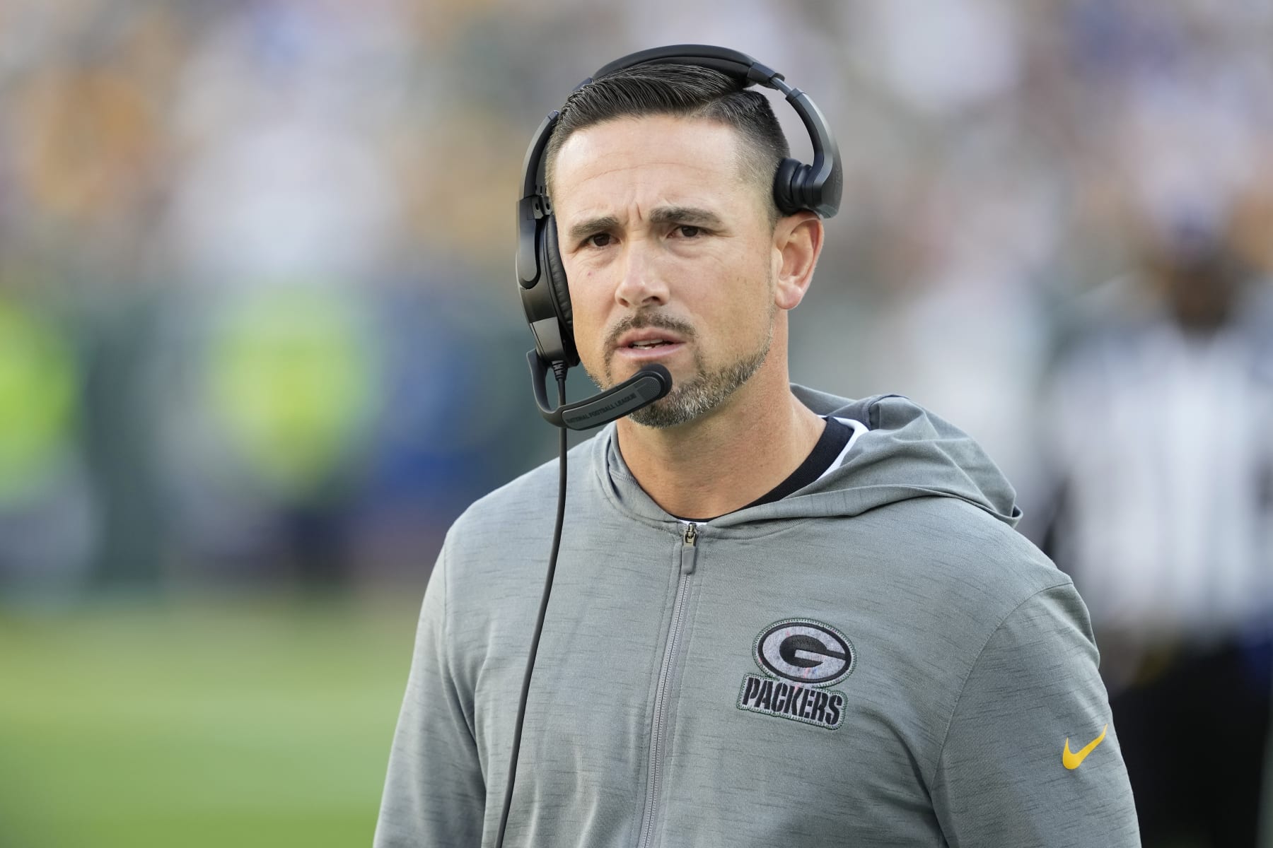 GREEN BAY, WISCONSIN - OCTOBER 02: Head coach Matt LaFleur of the Green Bay Packers looks on during the second quarter against the New England Patriots at Lambeau Field on October 02, 2022 in Green Bay, Wisconsin. (Photo by Patrick McDermott/Getty Images)