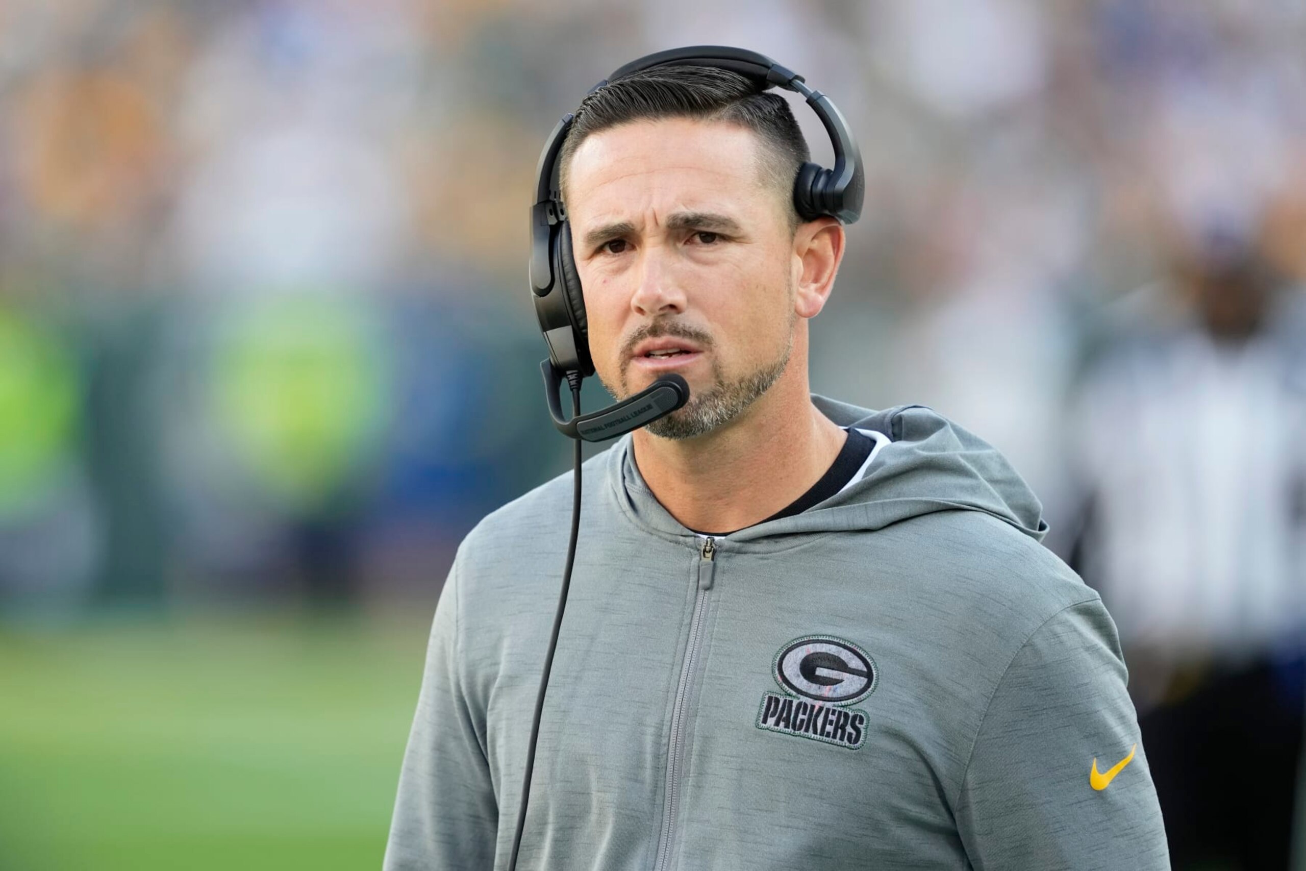 GREEN BAY, WISCONSIN - OCTOBER 02: Head coach Matt LaFleur of the Green Bay Packers looks on during the second quarter against the New England Patriots at Lambeau Field on October 02, 2022 in Green Bay, Wisconsin. (Photo by Patrick McDermott/Getty Images) GREEN BAY, WISCONSIN - OCTOBER 02: Head coach Matt LaFleur of the Green Bay Packers looks on during the second quarter against the New England Patriots at Lambeau Field on October 02, 2022 in Green Bay, Wisconsin. (Photo by Patrick McDermott/Getty Images)