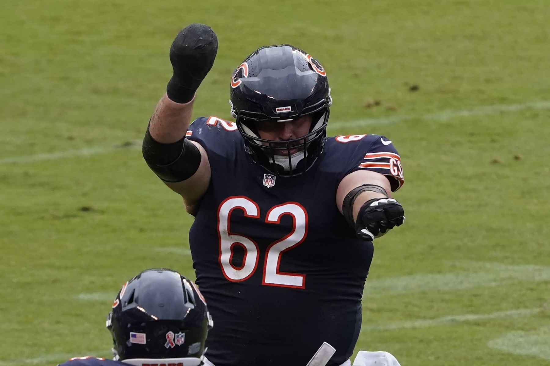 Chicago Bears guard Lucas Patrick (62) celebrates a Bears touchdown against the San Francisco 49ers during the second half in an NFL football game Sunday, Sept. 11, 2022, in Chicago. (AP Photo/David Banks)