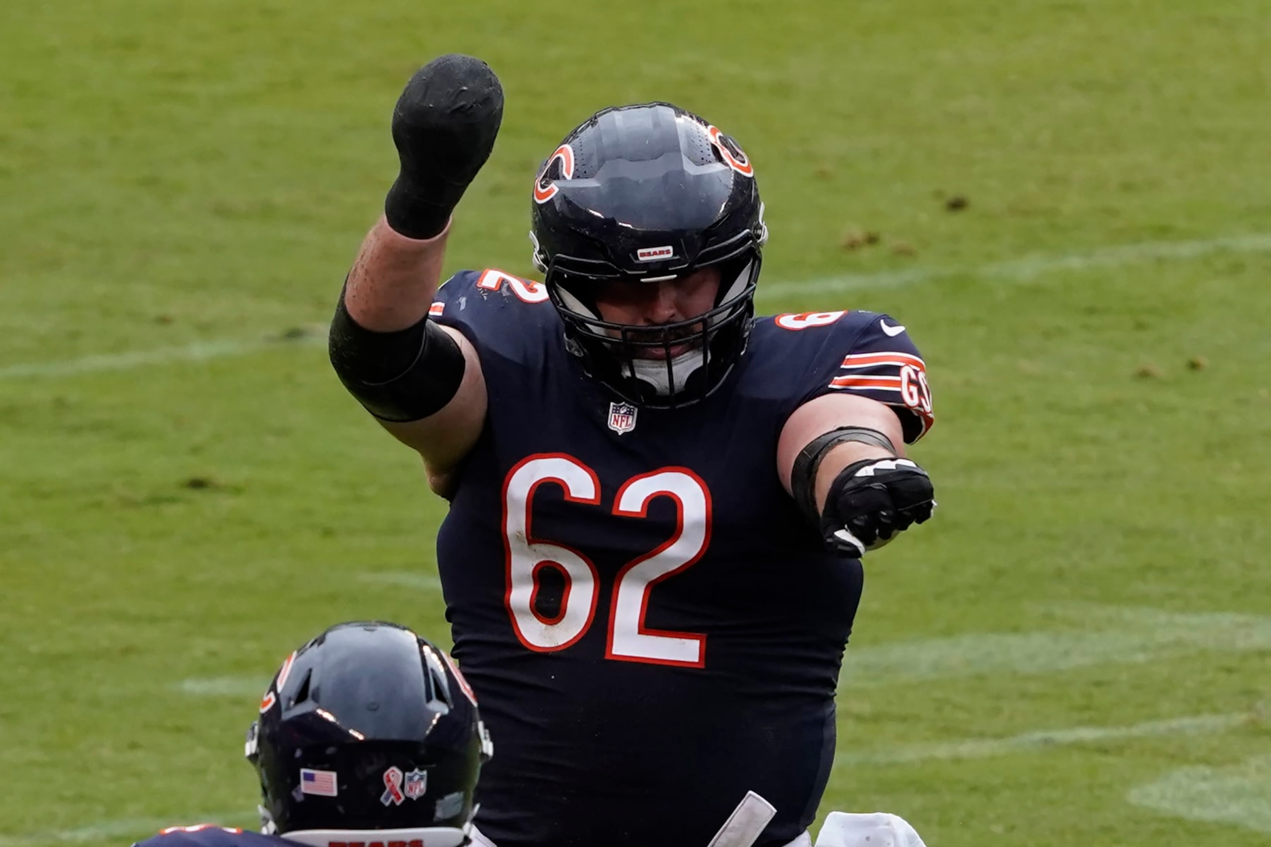 Chicago Bears guard Lucas Patrick (62) celebrates a Bears touchdown against the San Francisco 49ers during the second half in an NFL football game Sunday, Sept. 11, 2022, in Chicago. (AP Photo/David Banks)