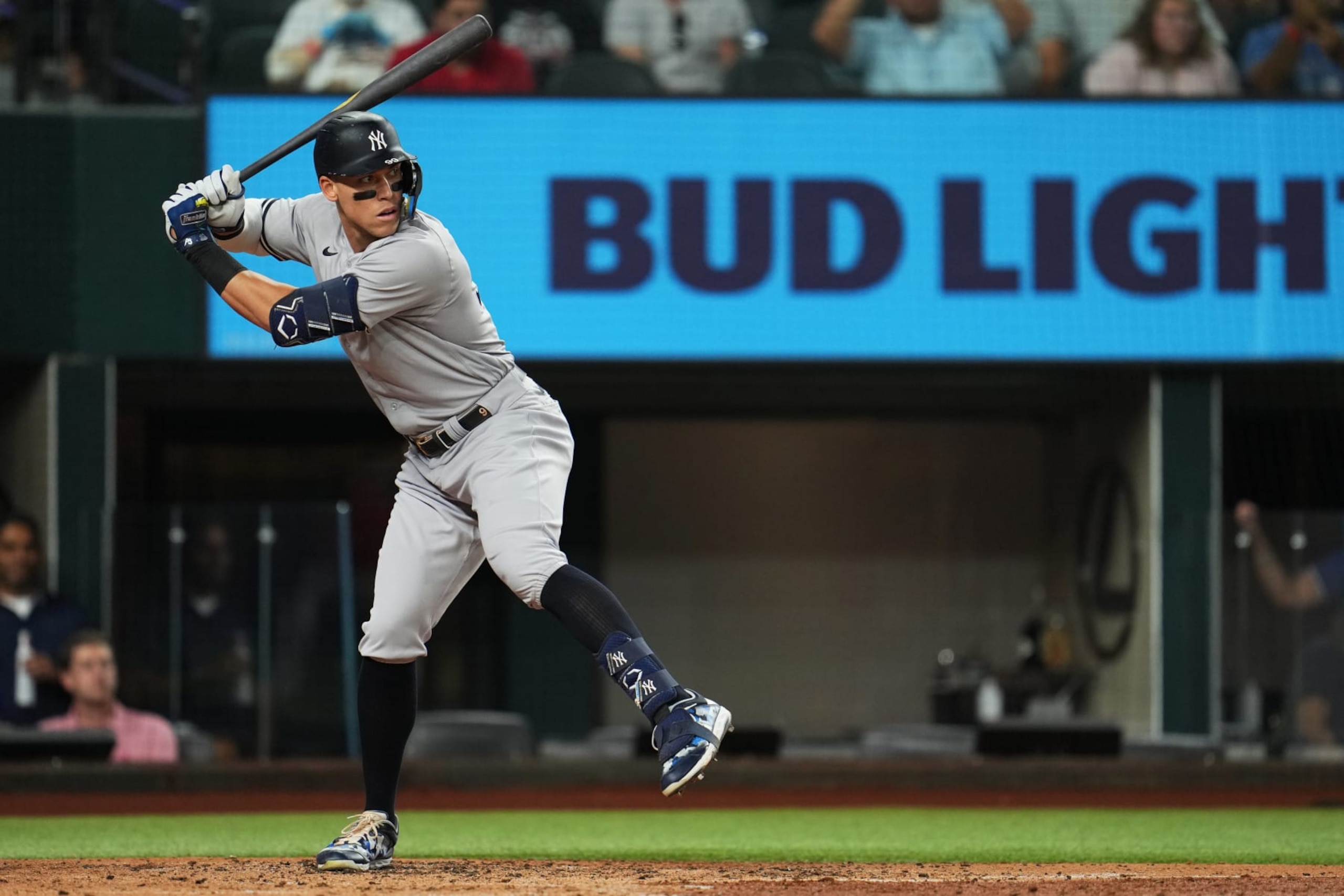 ARLINGTON, TX - OCTOBER 04: Aaron Judge #99 of the New York Yankees strikes out in the second inning during the game between the New York Yankees and the Texas Rangers at Globe Life Field on Tuesday, October 4, 2022 in Arlington, Texas. (Photo by Cooper Neill/MLB Photos via Getty Images)