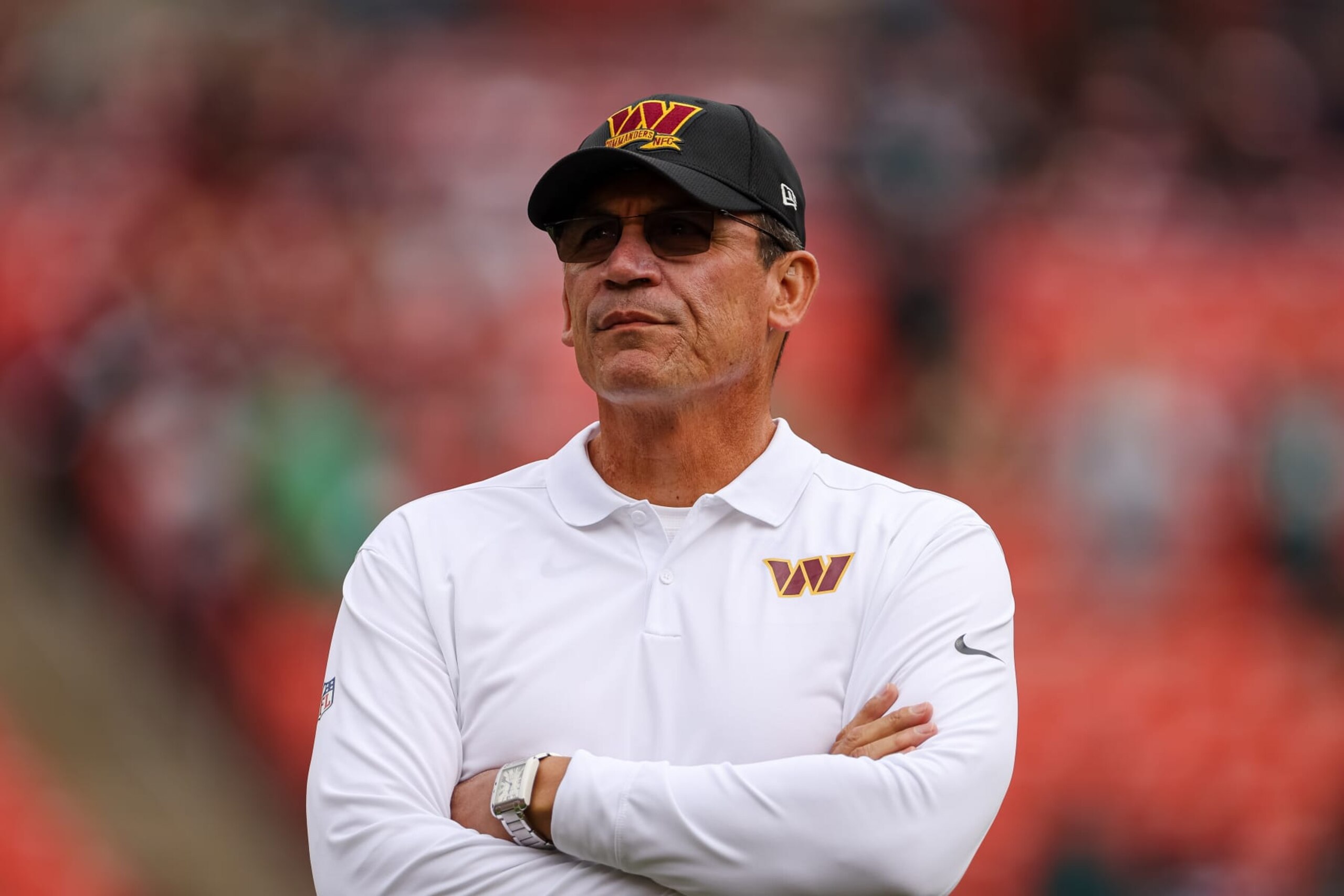 LANDOVER, MD - SEPTEMBER 25: Head coach Ron Rivera of the Washington Commanders looks on before the game against the Philadelphia Eagles at FedExField on September 25, 2022 in Landover, Maryland. (Photo by Scott Taetsch/Getty Images)