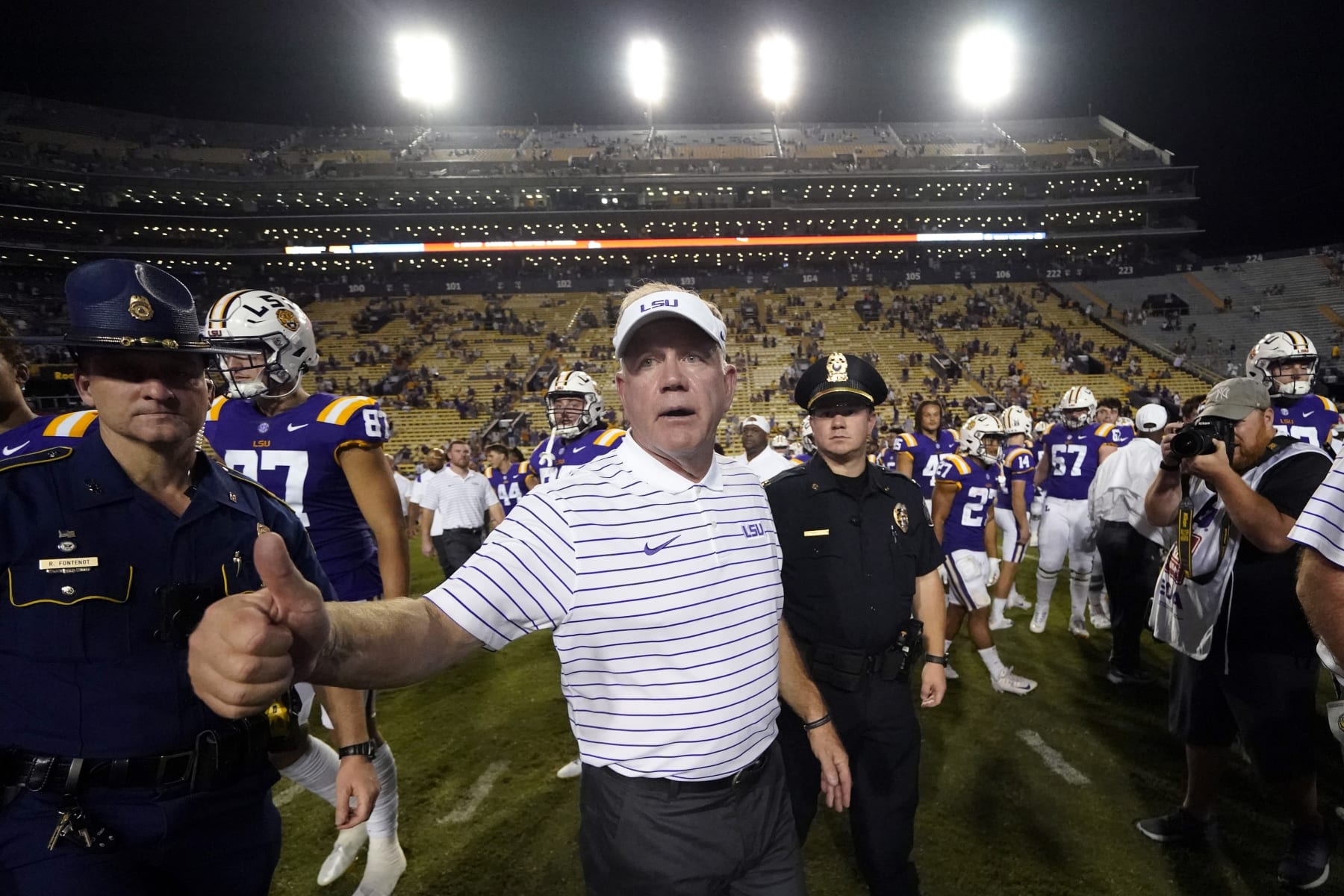 LSU head coach Brian Kelly reacts to New Mexico fans and players after an NCAA college football game in Baton Rouge, La., Saturday, Sept. 24, 2022. LSU won 38-0. (AP Photo/Gerald Herbert)