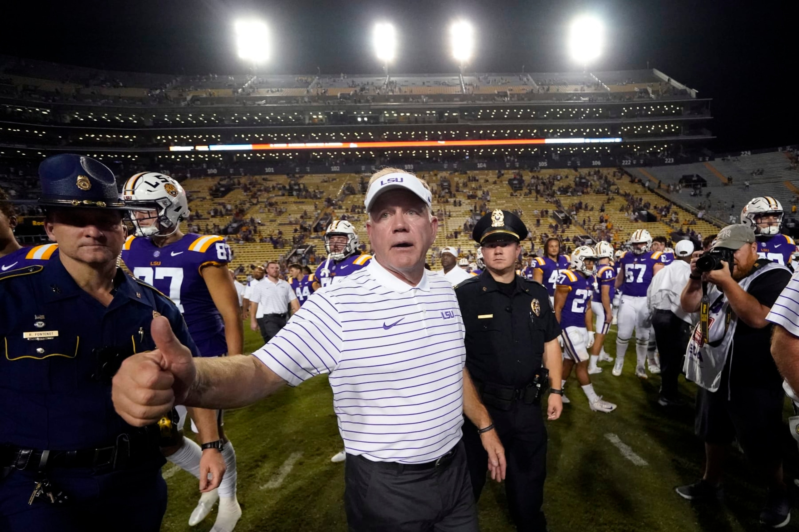 LSU head coach Brian Kelly reacts to New Mexico fans and players after an NCAA college football game in Baton Rouge, La., Saturday, Sept. 24, 2022. LSU won 38-0. (AP Photo/Gerald Herbert) LSU head coach Brian Kelly reacts to New Mexico fans and players after an NCAA college football game in Baton Rouge, La., Saturday, Sept. 24, 2022. LSU won 38-0. (AP Photo/Gerald Herbert)