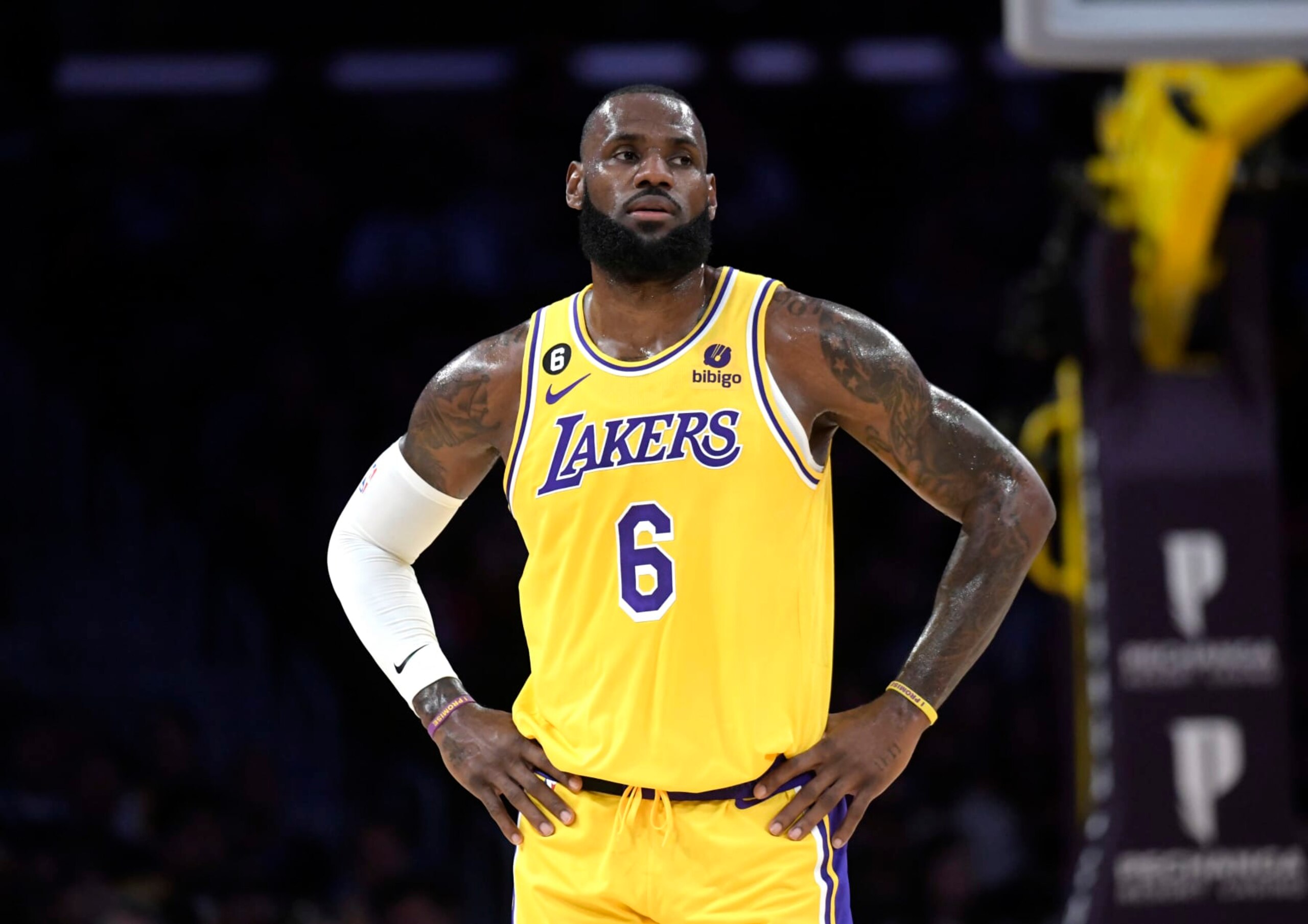 LOS ANGELES, CA - OCTOBER 03: LeBron James #6 of the Los Angeles Lakers looks on during a break in the action during the first half with Sacramento Kings at Crypto.com Arena on October 3, 2022 in Los Angeles, California. (Photo by Kevork Djansezian/Getty Images) LOS ANGELES, CA - OCTOBER 03: LeBron James #6 of the Los Angeles Lakers looks on during a break in the action during the first half with Sacramento Kings at Crypto.com Arena on October 3, 2022 in Los Angeles, California. (Photo by Kevork Djansezian/Getty Images)