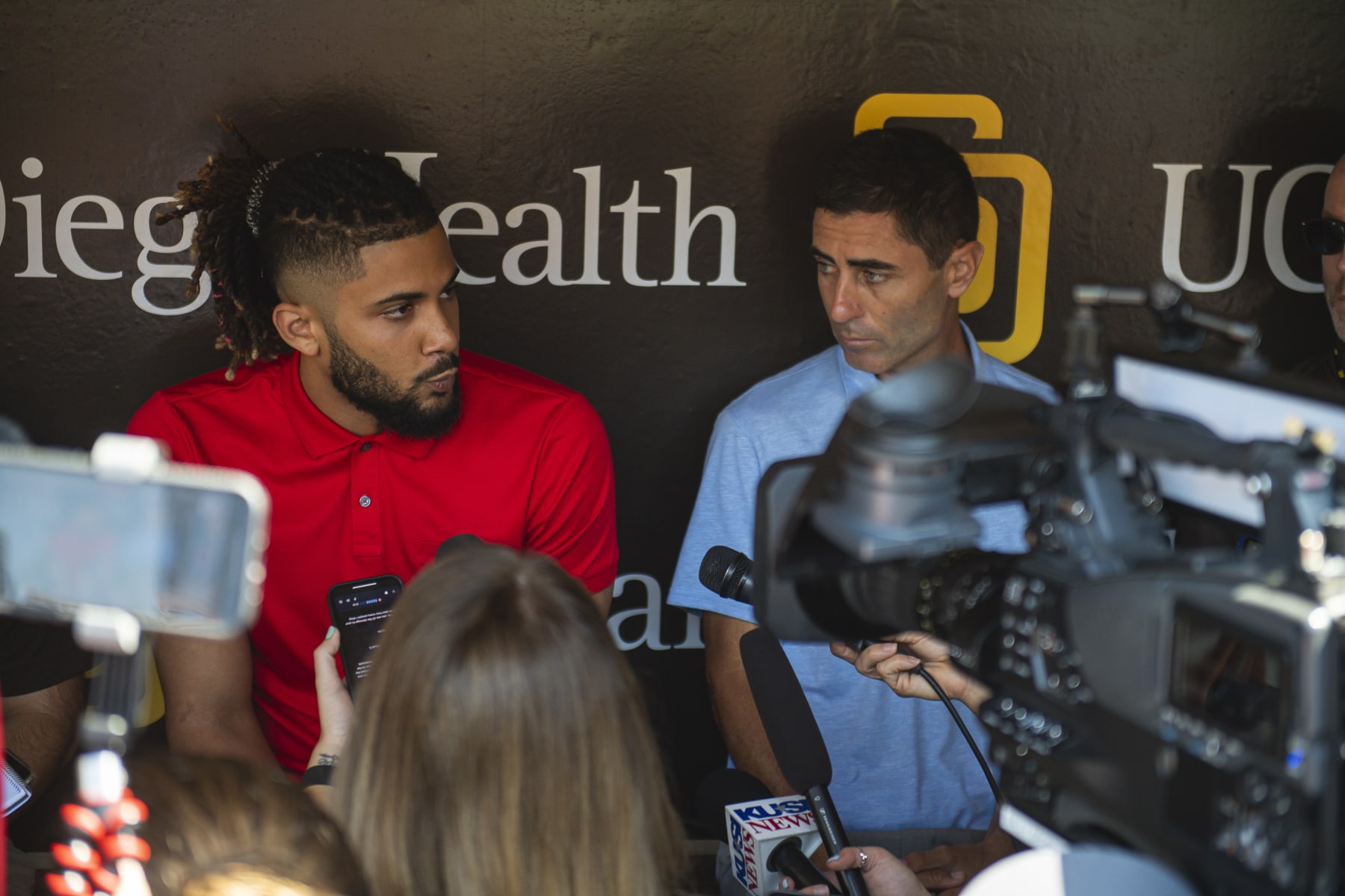 SAN DIEGO, CA - AUGUST 23: Fernando Tatis Jr #23 and Padres President of Baseball Operations and General Manager A.J. Preller of the San Diego Padres address the media about Tatis recent suspension before the game against the Cleveland Guardians at PETCO Park on August 23, 2022 in San Diego, California. (Photo by Matt Thomas/San Diego Padres/Getty Images)