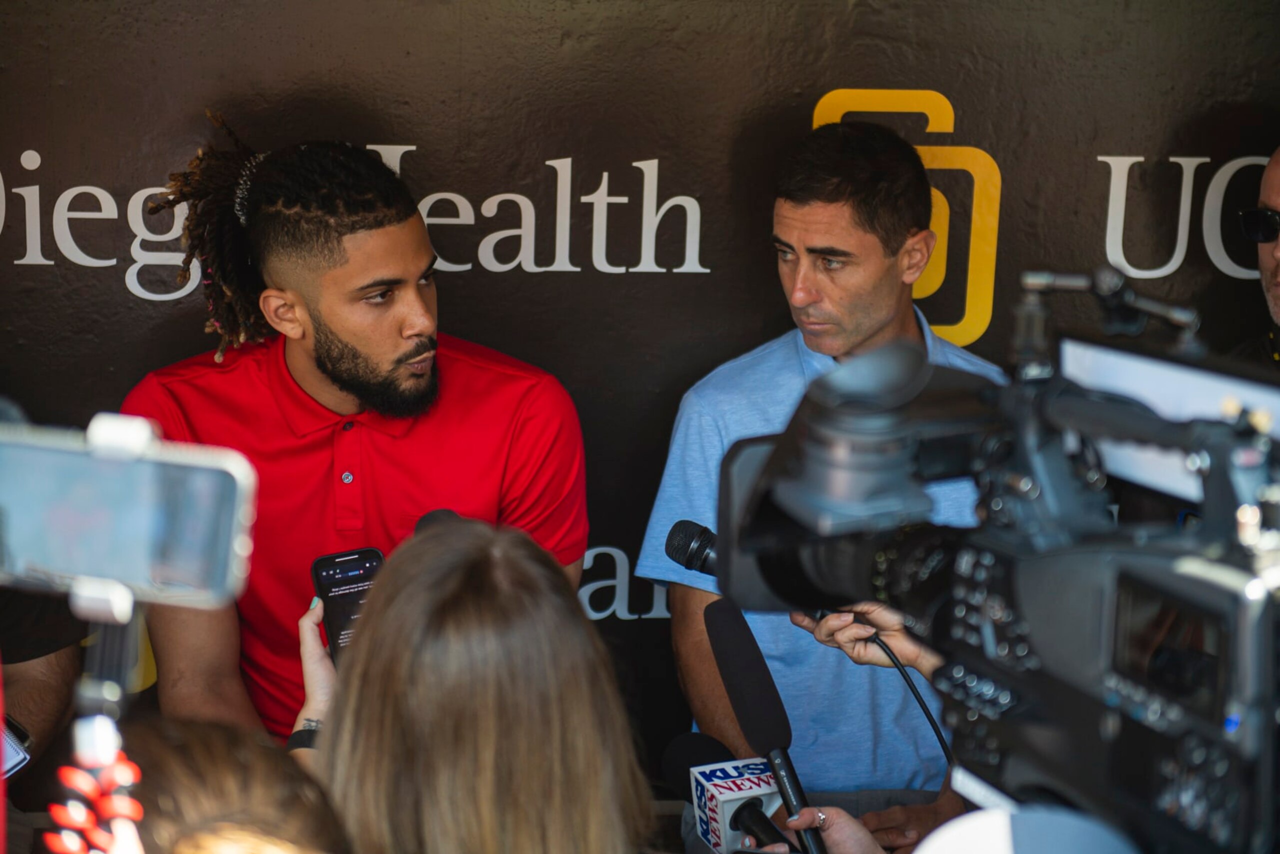 SAN DIEGO, CA - AUGUST 23: Fernando Tatis Jr #23 and Padres President of Baseball Operations and General Manager A.J. Preller of the San Diego Padres address the media about Tatis recent suspension before the game against the Cleveland Guardians at PETCO Park on August 23, 2022 in San Diego, California. (Photo by Matt Thomas/San Diego Padres/Getty Images)