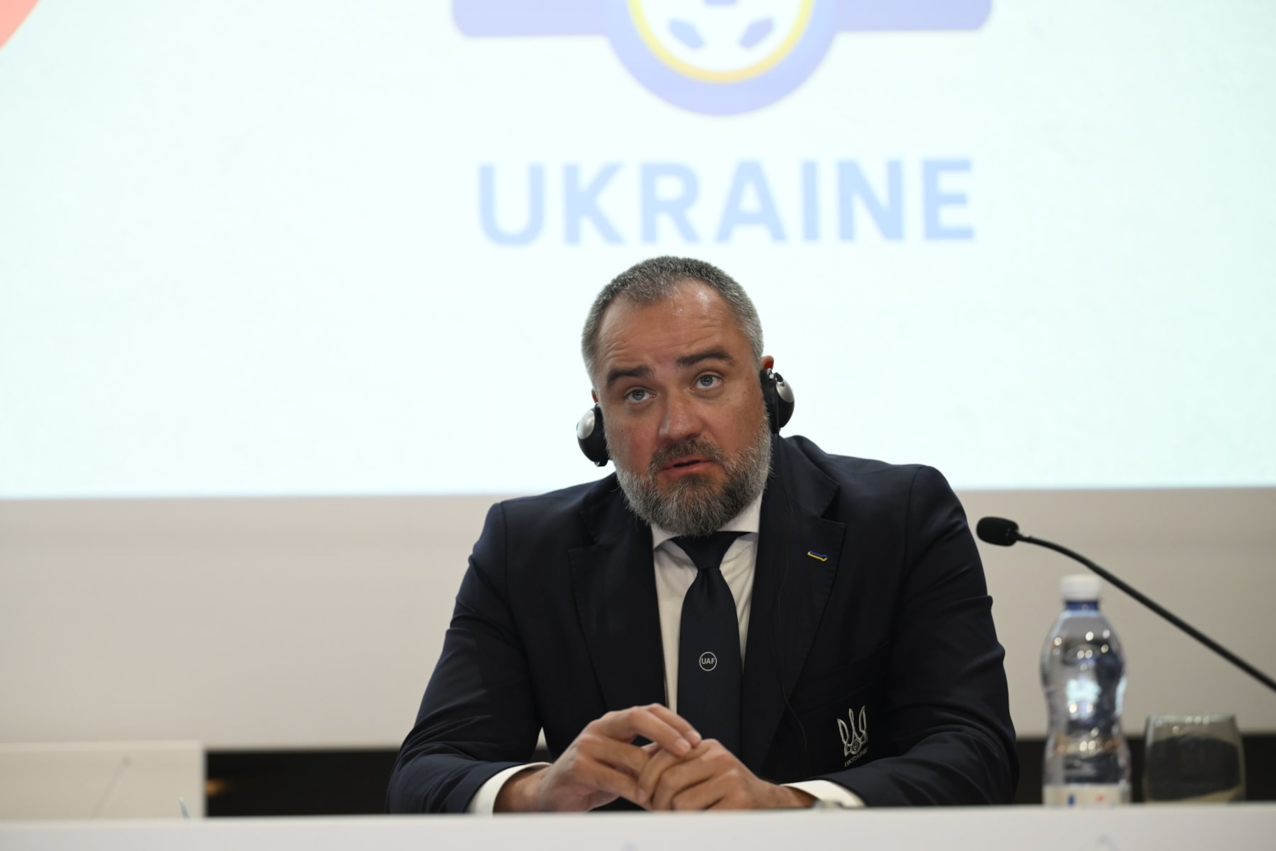 NYON, SWITZERLAND - OCTOBER 5: Ukraine Football Federation President Andriy Pavelko during the 2030 FIFA World Cup Bid Press Conference at the UEFA Headquarters, The House of the European Football, on October 5, 2022, in Nyon, Switzerland. (Photo by Kristian Skeie - UEFA/UEFA via Getty Images)