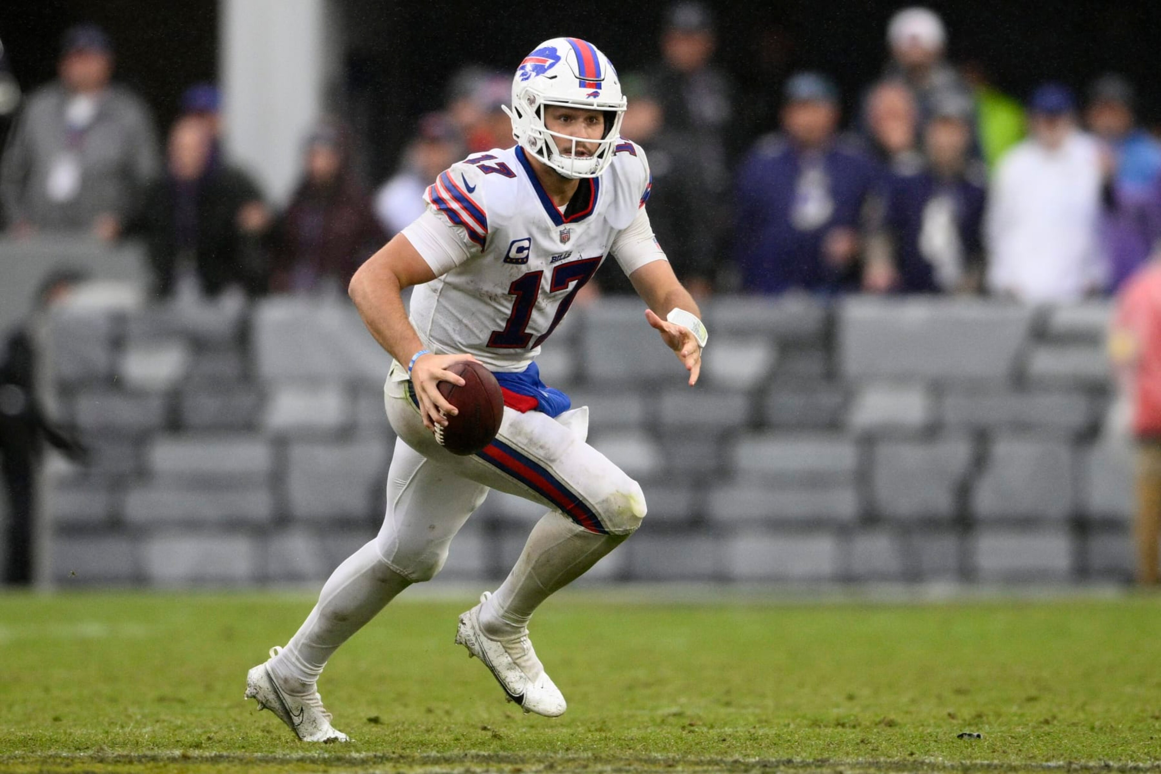 Buffalo Bills quarterback Josh Allen (17) in action during the second half of an NFL football game against the Baltimore Ravens, Sunday, Oct. 2, 2022, in Baltimore. (AP Photo/Nick Wass)