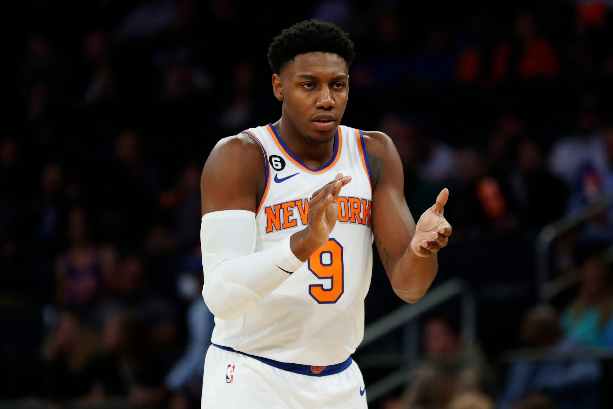 NEW YORK, NEW YORK - OCTOBER 04: RJ Barrett #9 of the New York Knicks reacts during the first half against the Detroit Pistons at Madison Square Garden on October 04, 2022 in New York City. NOTE TO USER: User expressly acknowledges and agrees that, by downloading and or using this photograph, User is consenting to the terms and conditions of the Getty Images License Agreement. (Photo by Sarah Stier/Getty Images)