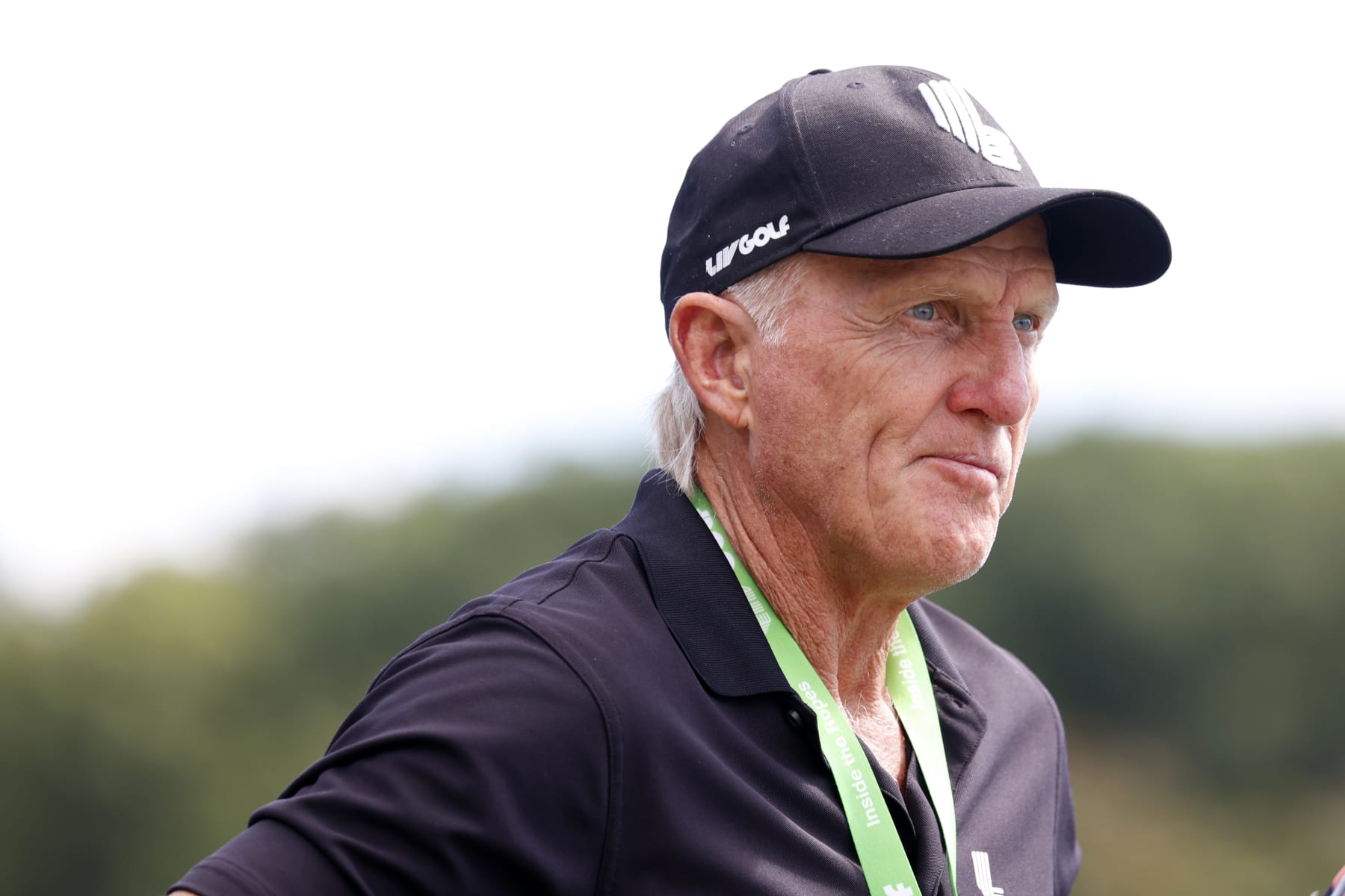 SUGAR GROVE, IL - SEPTEMBER 18: LIV CEO and commissioner Greg Norman watches play on the second hole during the final round of the LIV Golf Invitational Series Chicago at Rich Harvest Farms in Sugar Grove, Illinois.  (Photo by Brian Spurlock/Icon Sportswire via Getty Images)