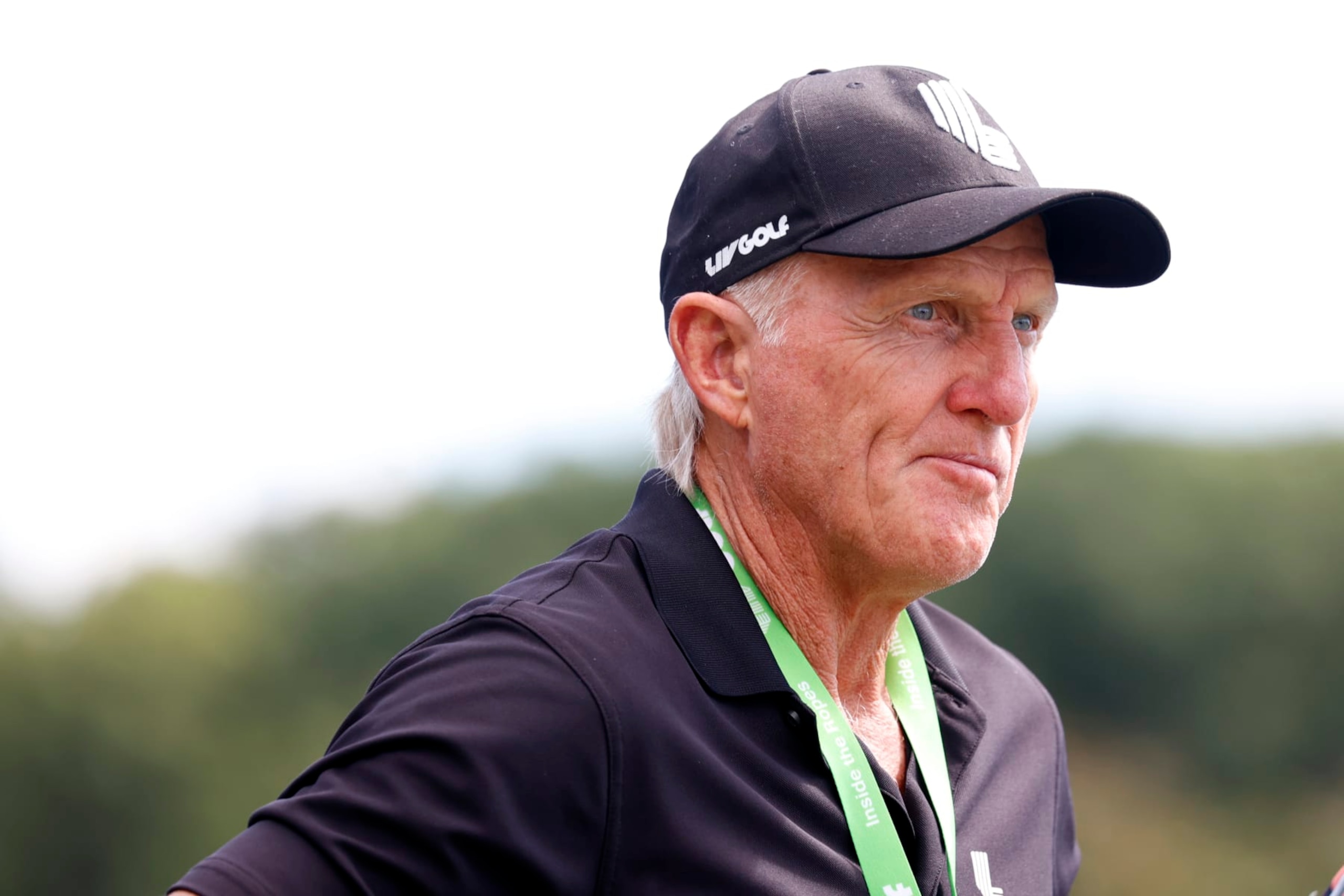 SUGAR GROVE, IL - SEPTEMBER 18: LIV CEO and commissioner Greg Norman watches play on the second hole during the final round of the LIV Golf Invitational Series Chicago at Rich Harvest Farms in Sugar Grove, Illinois.  (Photo by Brian Spurlock/Icon Sportswire via Getty Images)