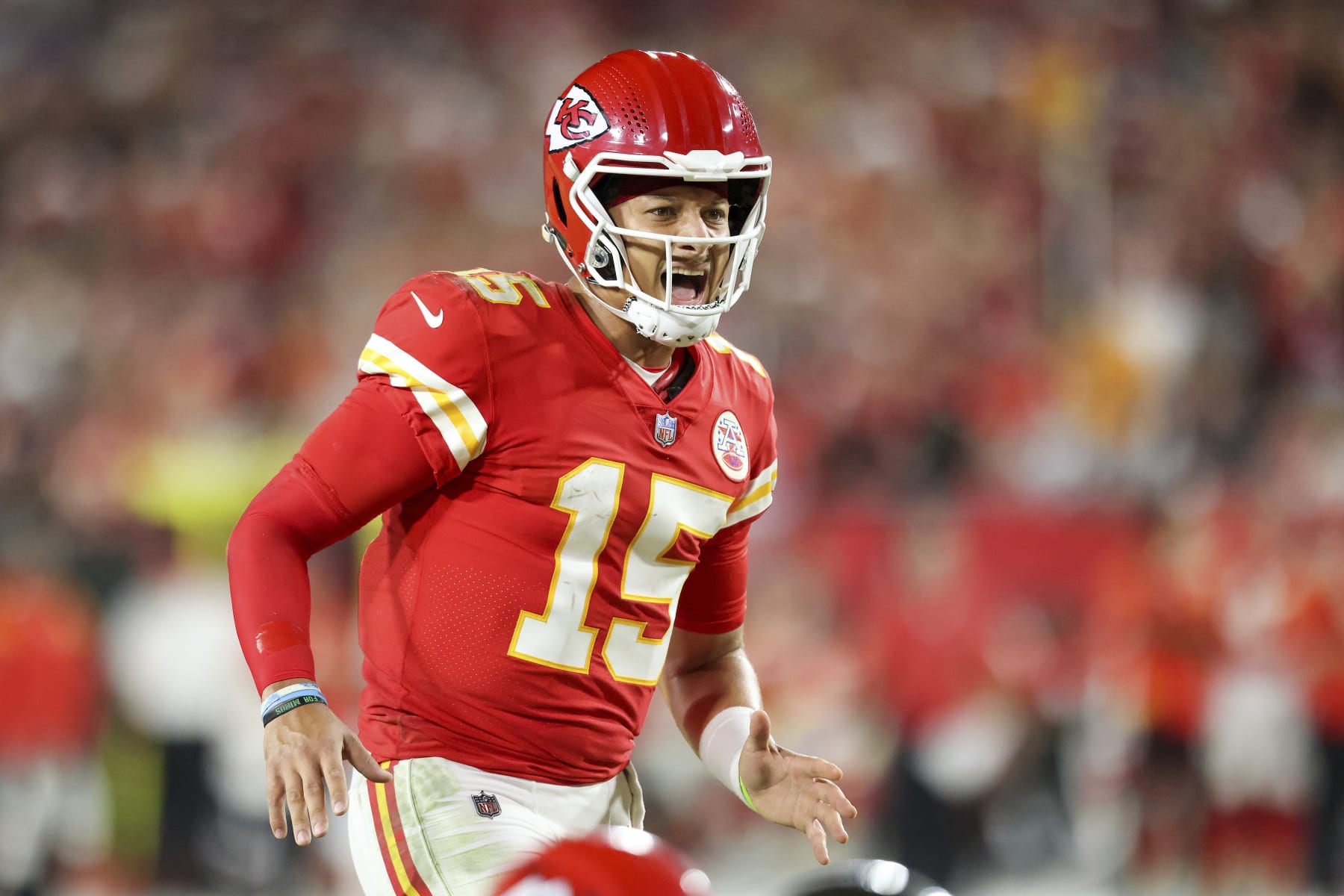 Kansas City Chiefs quarterback Patrick Mahomes (15) changes the call during a NFL football game against the Tampa Bay Buccaneers, Sunday, Oct. 2, 2022 in Tampa, Fla. (AP Photo/Alex Menendez)