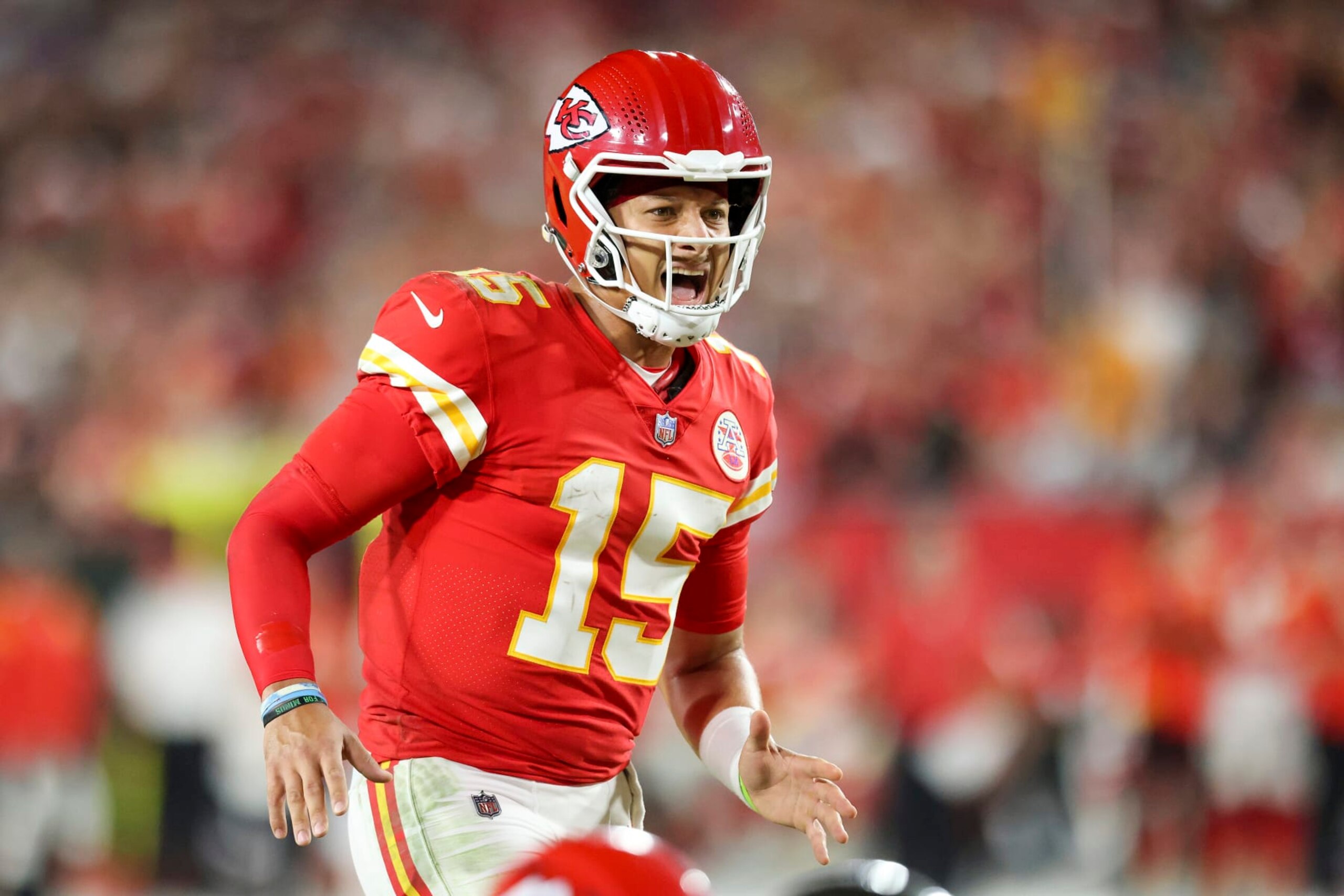 Kansas City Chiefs quarterback Patrick Mahomes (15) changes the call during a NFL football game against the Tampa Bay Buccaneers, Sunday, Oct. 2, 2022 in Tampa, Fla. (AP Photo/Alex Menendez)