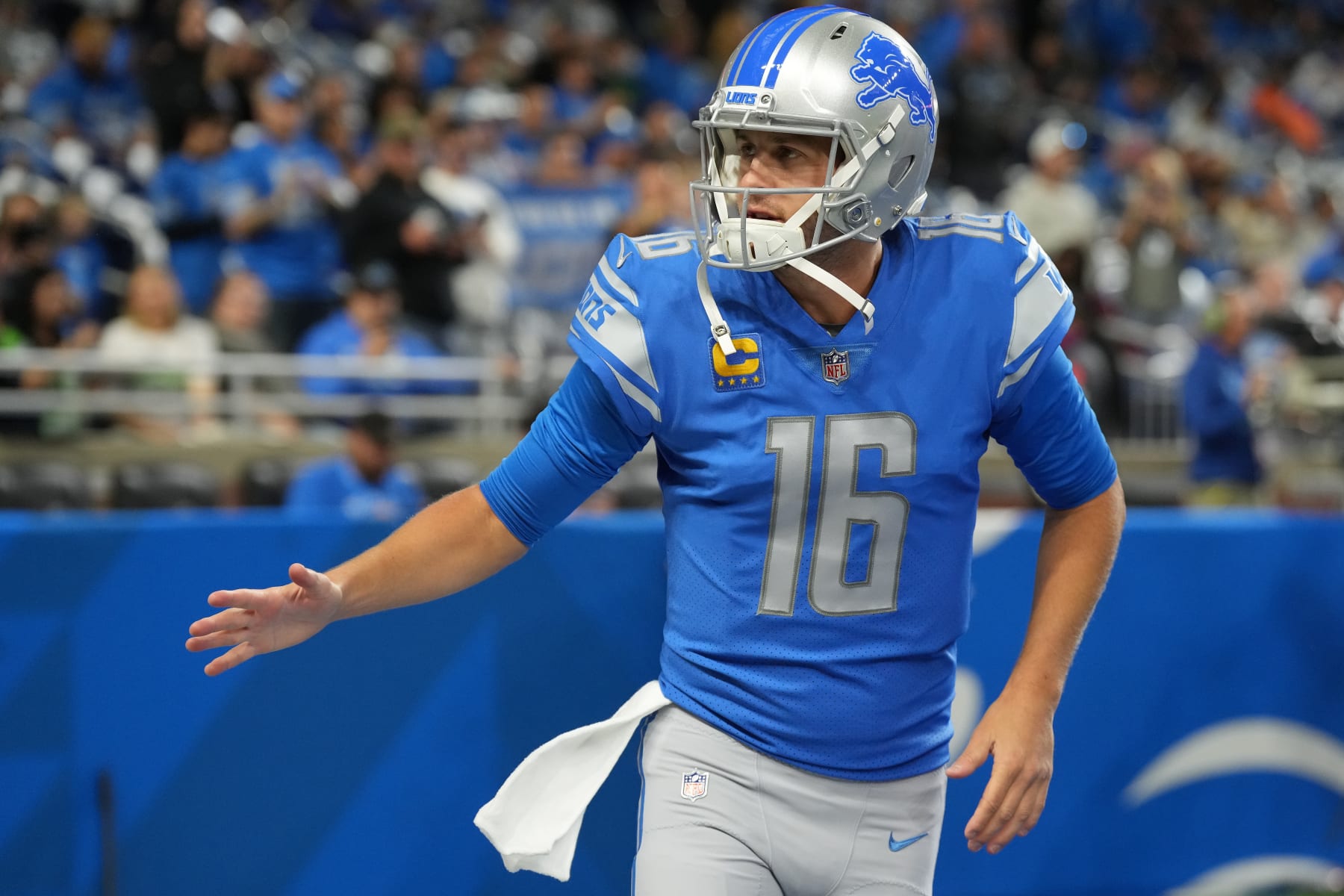 DETROIT, MICHIGAN - OCTOBER 02: Jared Goff #16 of the Detroit Lions looks on during warmups before the game against the Seattle Seahawks at Ford Field on October 02, 2022 in Detroit, Michigan. (Photo by Nic Antaya/Getty Images)