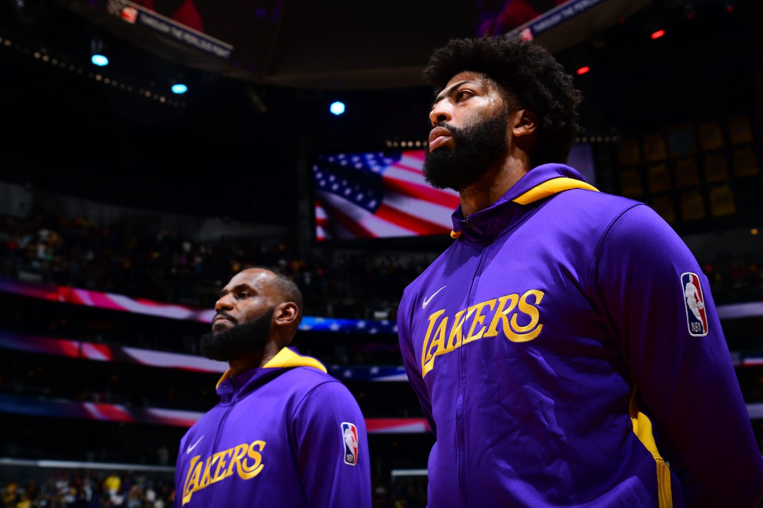 LOS ANGELES, CA - OCTOBER 3: LeBron James #6 and Anthony Davis #3 stand for the National Anthem before a preseason game on October 3, 2022 at Crypto.com Arena in Los Angeles, California. NOTE TO USER: User expressly acknowledges and agrees that, by downloading and/or using this Photograph, user is consenting to the terms and conditions of the Getty Images License Agreement. Mandatory Copyright Notice: Copyright 2022 NBAE (Photo by Adam Pantozzi/NBAE via Getty Images)