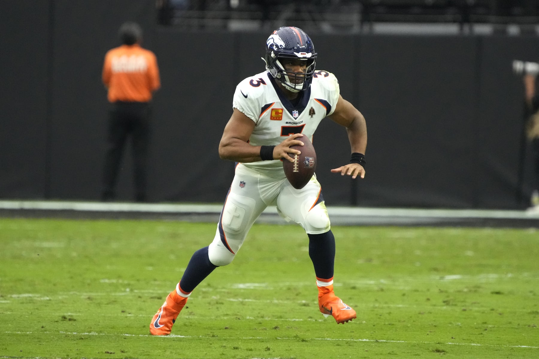 Denver Broncos quarterback Russell Wilson (3) during the first half of an NFL football game against the Las Vegas Raiders, Sunday, Oct 2, 2022, in Las Vegas. (AP Photo/Rick Scuteri)