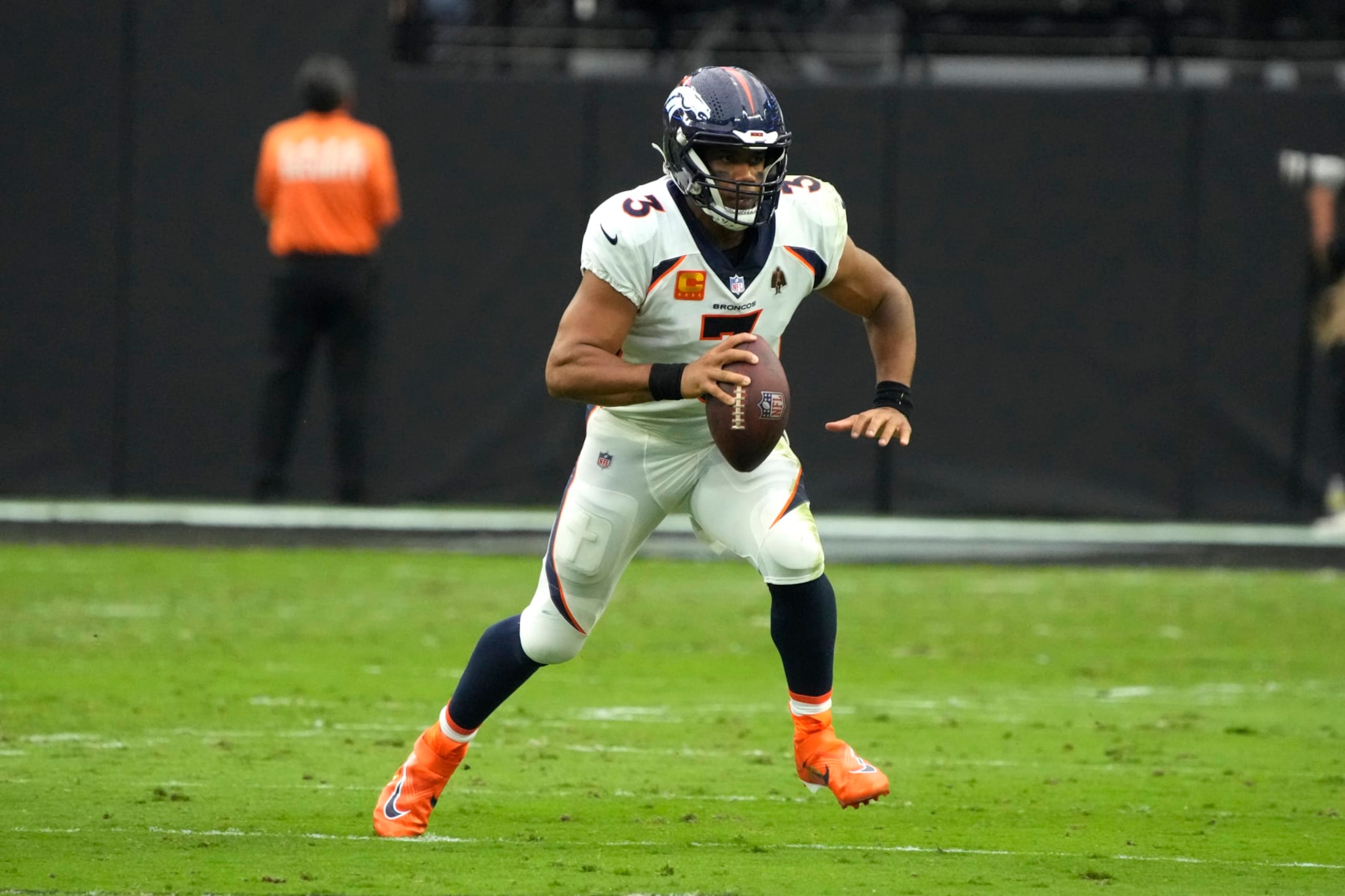 Denver Broncos quarterback Russell Wilson (3) during the first half of an NFL football game against the Las Vegas Raiders, Sunday, Oct 2, 2022, in Las Vegas. (AP Photo/Rick Scuteri)