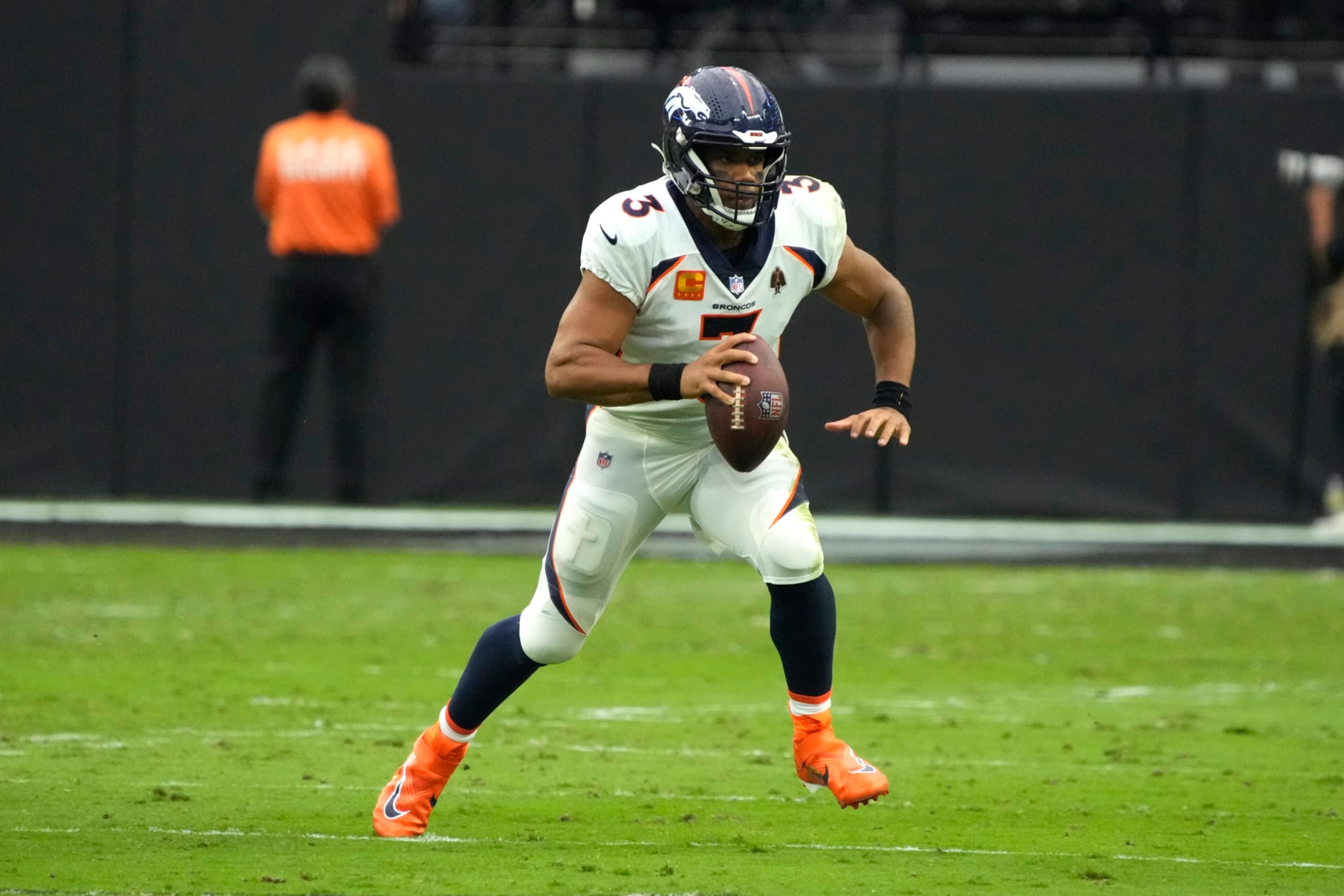 Denver Broncos quarterback Russell Wilson (3) during the first half of an NFL football game against the Las Vegas Raiders, Sunday, Oct 2, 2022, in Las Vegas. (AP Photo/Rick Scuteri)