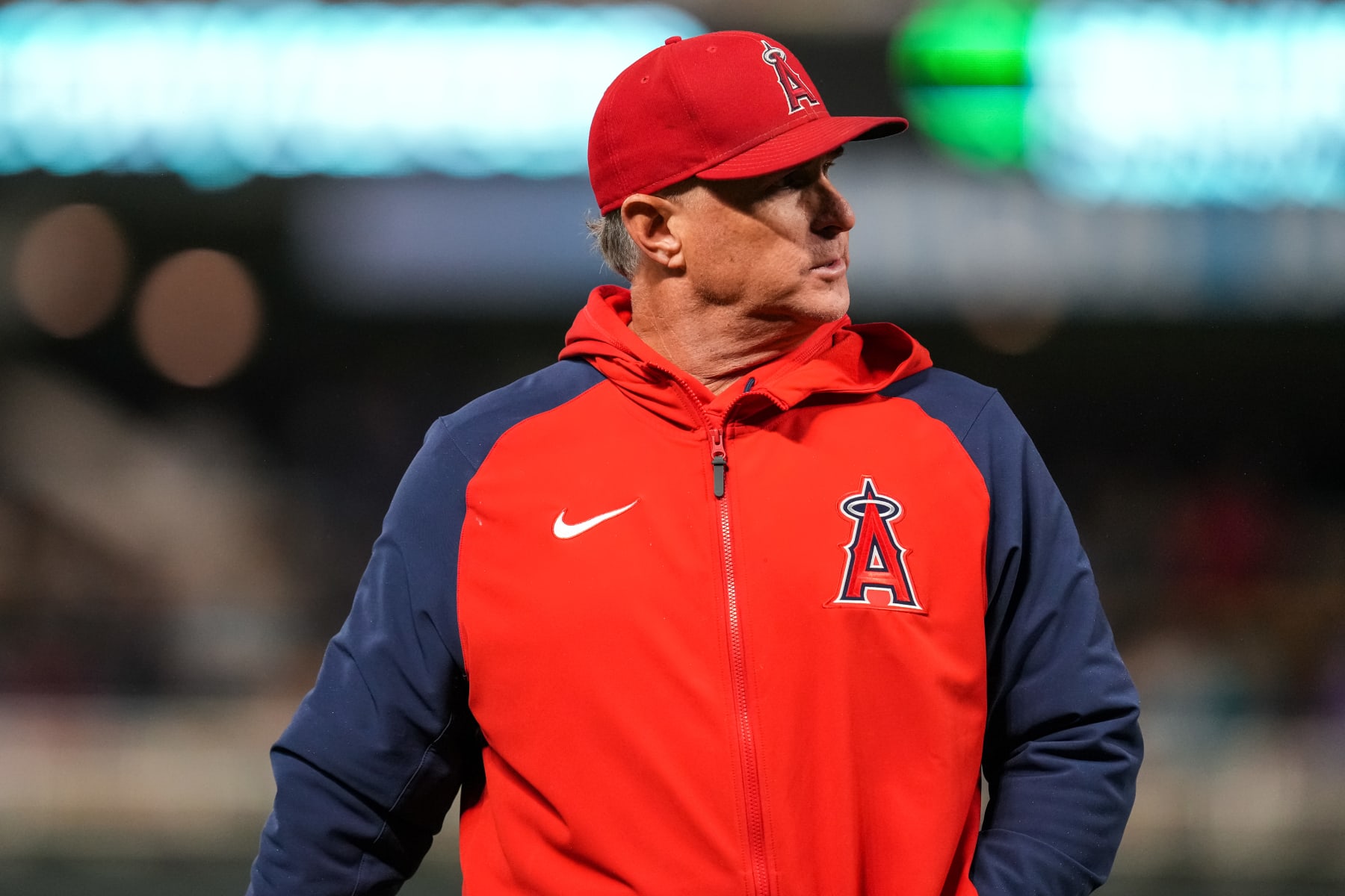MINNEAPOLIS, MN - SEPTEMBER 23: Interim manager Phil Nevin #88 of the Los Angeles Angels looks on against the Minnesota Twins on September 23, 2022 at Target Field in Minneapolis, Minnesota. (Photo by Brace Hemmelgarn/Minnesota Twins/Getty Images)