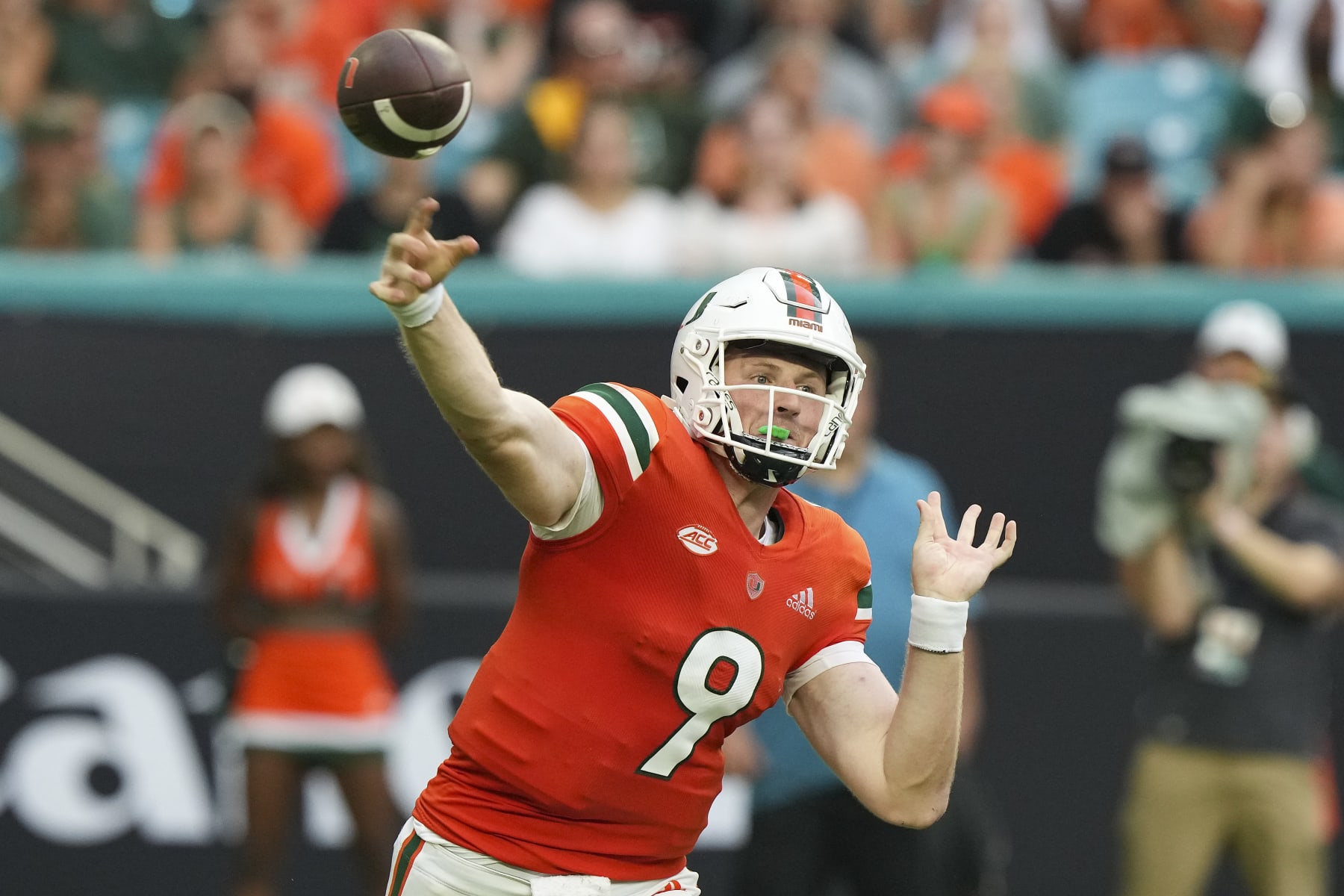 MIAMI GARDENS, FLORIDA - SEPTEMBER 24: Tyler Van Dyke #9 of the Miami Hurricanes attempts a pass during the first half against the Middle Tennessee Blue Raiders at Hard Rock Stadium on September 24, 2022 in Miami Gardens, Florida. (Photo by Eric Espada/Getty Images)