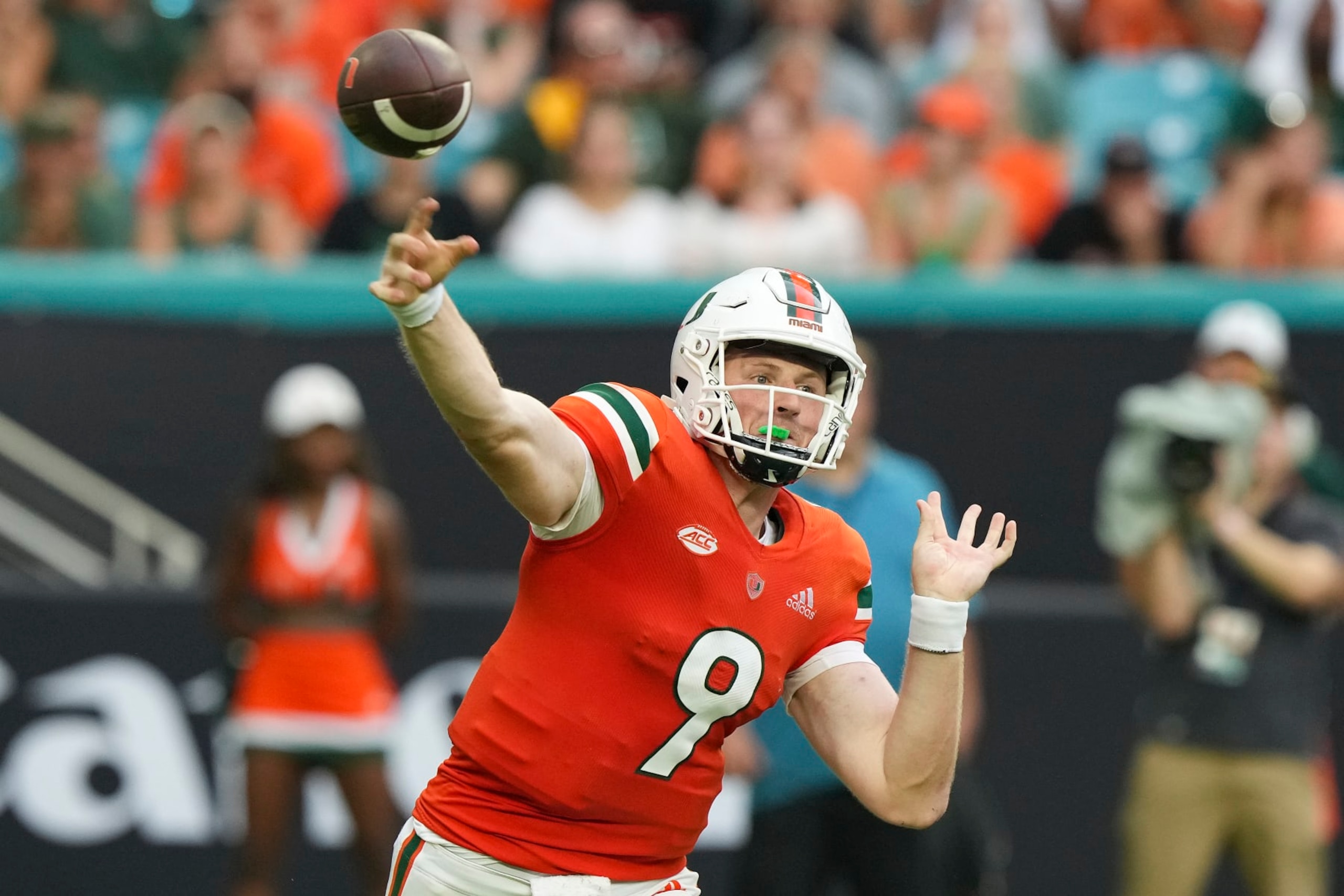 MIAMI GARDENS, FLORIDA - SEPTEMBER 24: Tyler Van Dyke #9 of the Miami Hurricanes attempts a pass during the first half against the Middle Tennessee Blue Raiders at Hard Rock Stadium on September 24, 2022 in Miami Gardens, Florida. (Photo by Eric Espada/Getty Images) MIAMI GARDENS, FLORIDA - SEPTEMBER 24: Tyler Van Dyke #9 of the Miami Hurricanes attempts a pass during the first half against the Middle Tennessee Blue Raiders at Hard Rock Stadium on September 24, 2022 in Miami Gardens, Florida. (Photo by Eric Espada/Getty Images)