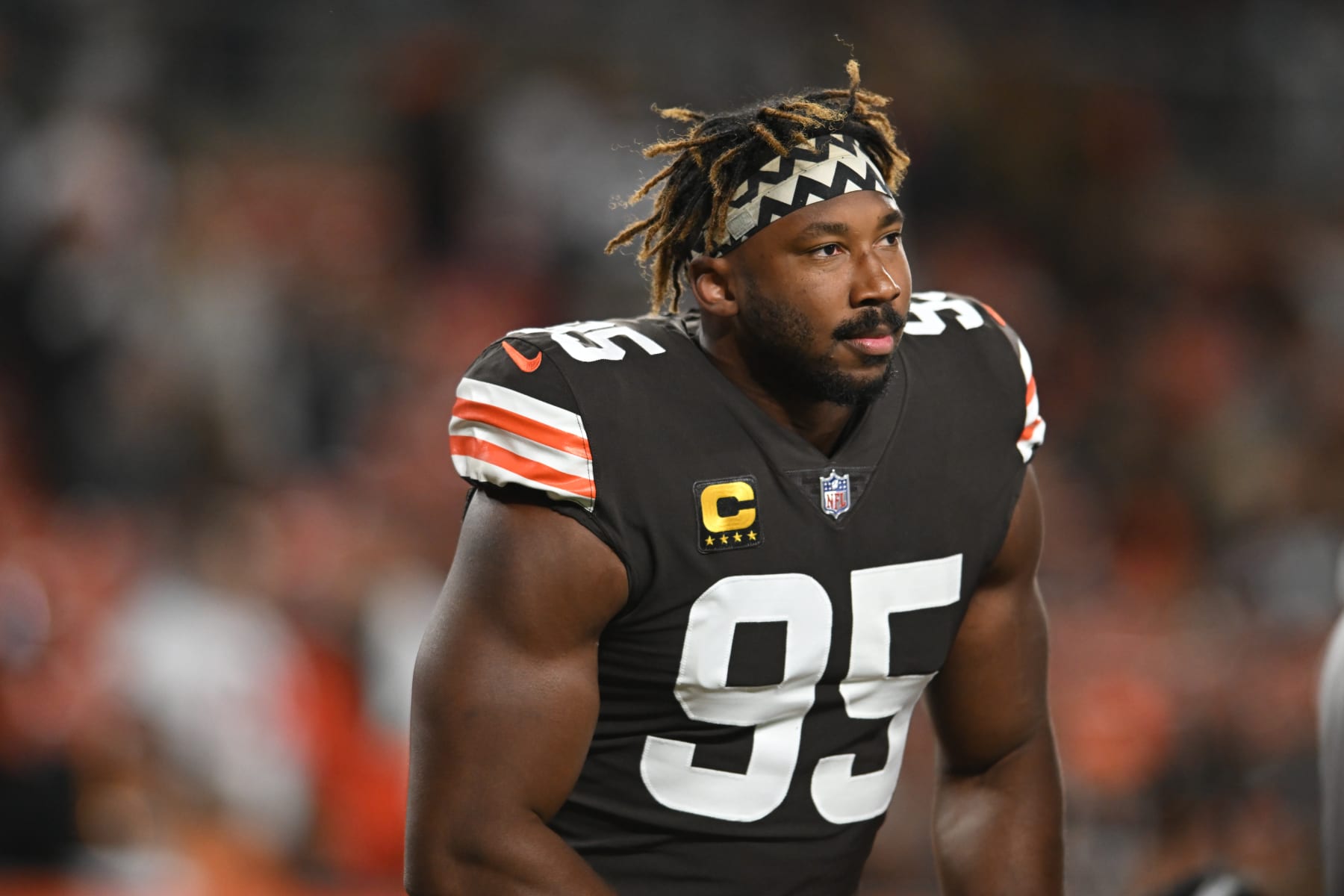 CLEVELAND, OHIO - SEPTEMBER 22: Myles Garrett #95 of the Cleveland Browns warms up prior to facing the Cleveland Browns at FirstEnergy Stadium on September 22, 2022 in Cleveland, Ohio. (Photo by Nick Cammett/Getty Images)
