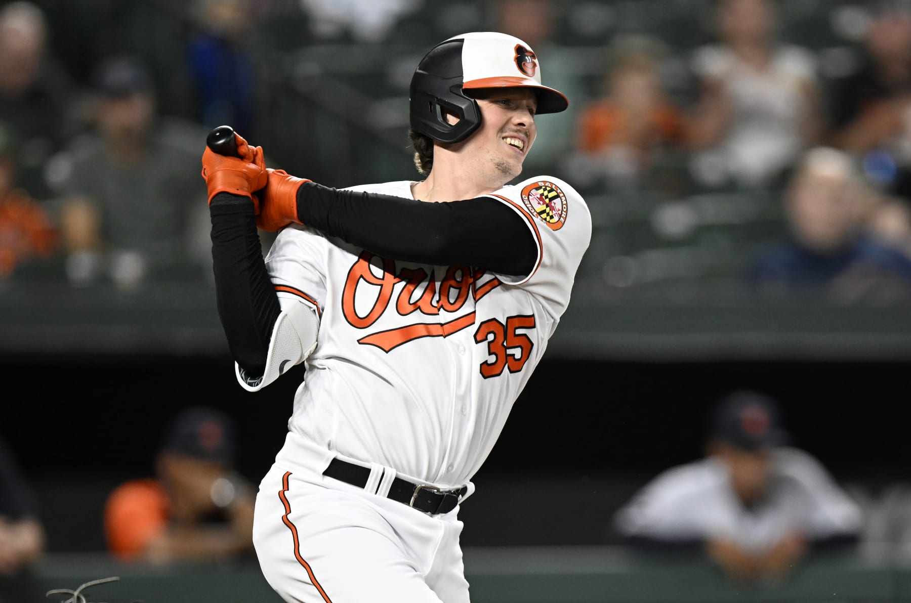 BALTIMORE, MARYLAND - SEPTEMBER 21: Adley Rutschman #35 of the Baltimore Orioles bats against the Detroit Tigers at Oriole Park at Camden Yards on September 21, 2022 in Baltimore, Maryland. (Photo by G Fiume/Getty Images)