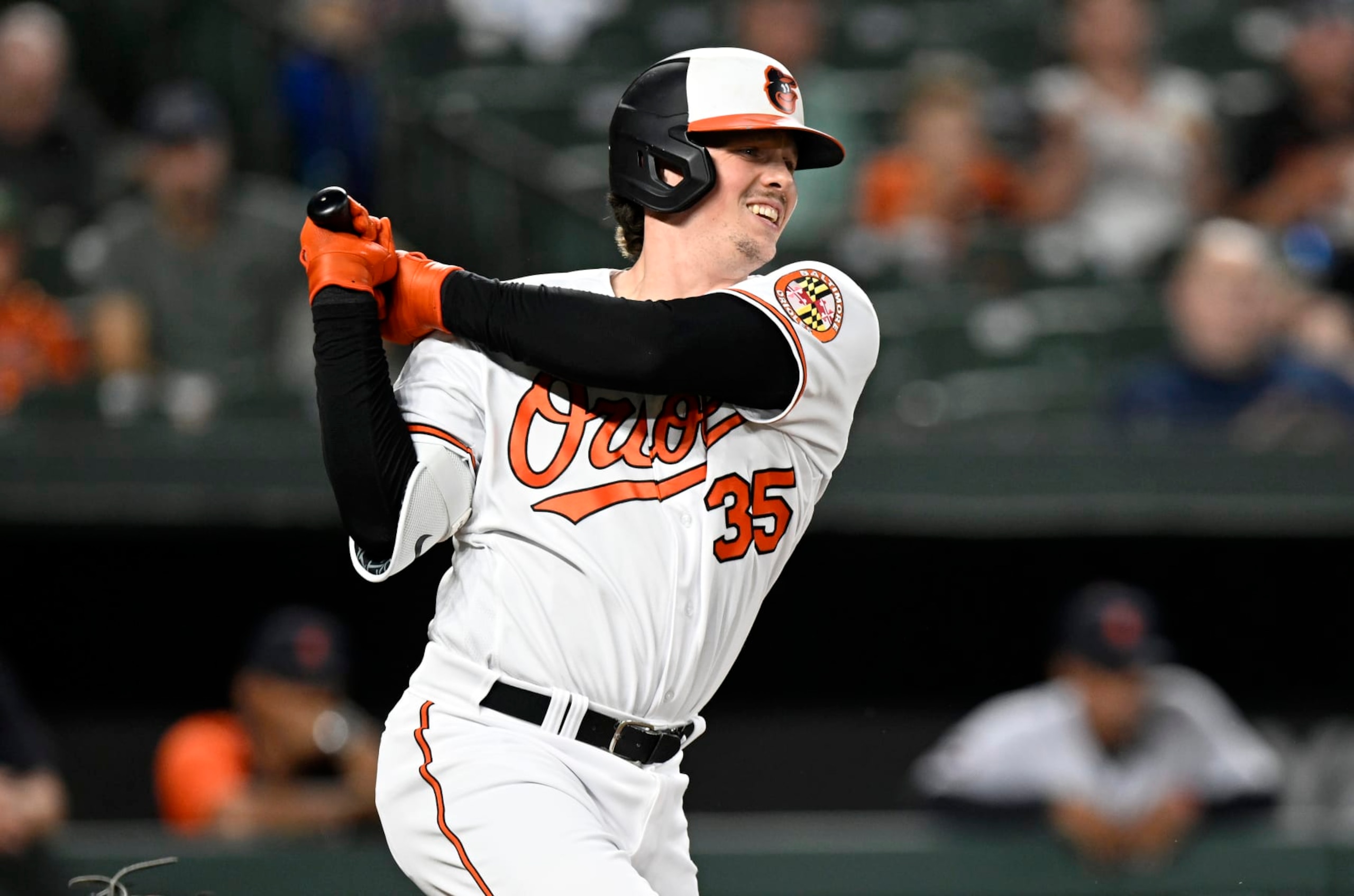 BALTIMORE, MARYLAND - SEPTEMBER 21: Adley Rutschman #35 of the Baltimore Orioles bats against the Detroit Tigers at Oriole Park at Camden Yards on September 21, 2022 in Baltimore, Maryland. (Photo by G Fiume/Getty Images) BALTIMORE, MARYLAND - SEPTEMBER 21: Adley Rutschman #35 of the Baltimore Orioles bats against the Detroit Tigers at Oriole Park at Camden Yards on September 21, 2022 in Baltimore, Maryland. (Photo by G Fiume/Getty Images)