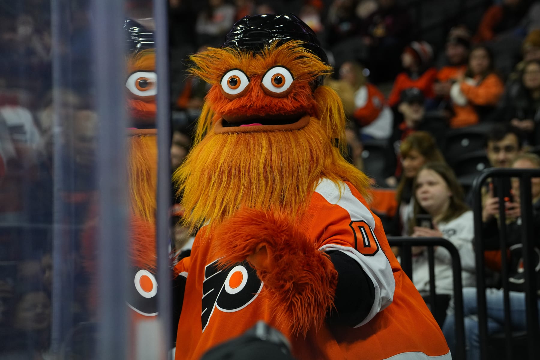 PHILADELPHIA, PA - OCTOBER 04: Gritty, the Philadelphia Flyers mascot performs during the third period of the National Hockey League preseason game between the New York Islanders and the Philadelphia Flyers on October 4, 2022 at the Wells Fargo Center in Philadelphia, PA. (Photo by Gregory Fisher/Icon Sportswire via Getty Images)