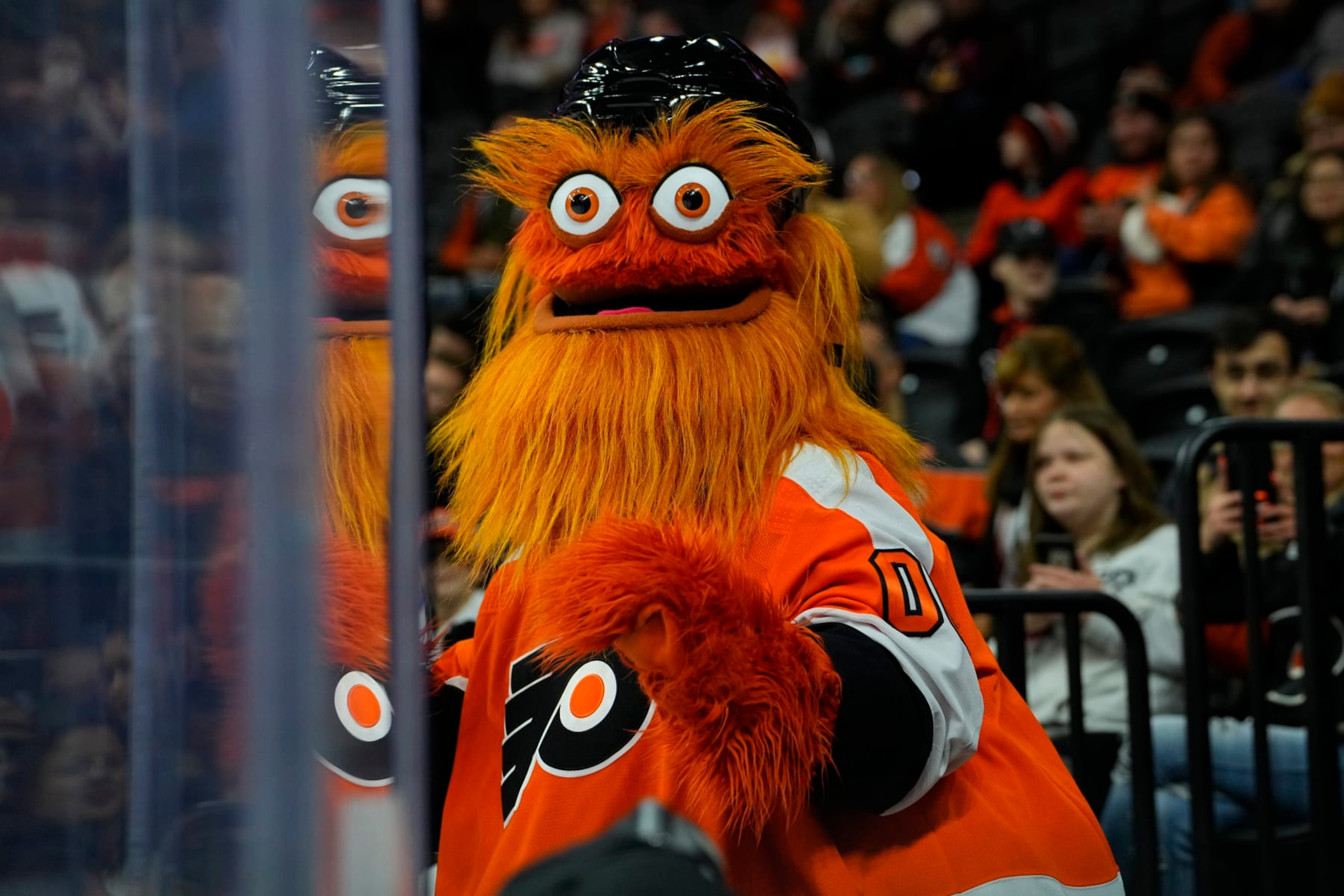 PHILADELPHIA, PA - OCTOBER 04: Gritty, the Philadelphia Flyers mascot performs during the third period of the National Hockey League preseason game between the New York Islanders and the Philadelphia Flyers on October 4, 2022 at the Wells Fargo Center in Philadelphia, PA. (Photo by Gregory Fisher/Icon Sportswire via Getty Images)