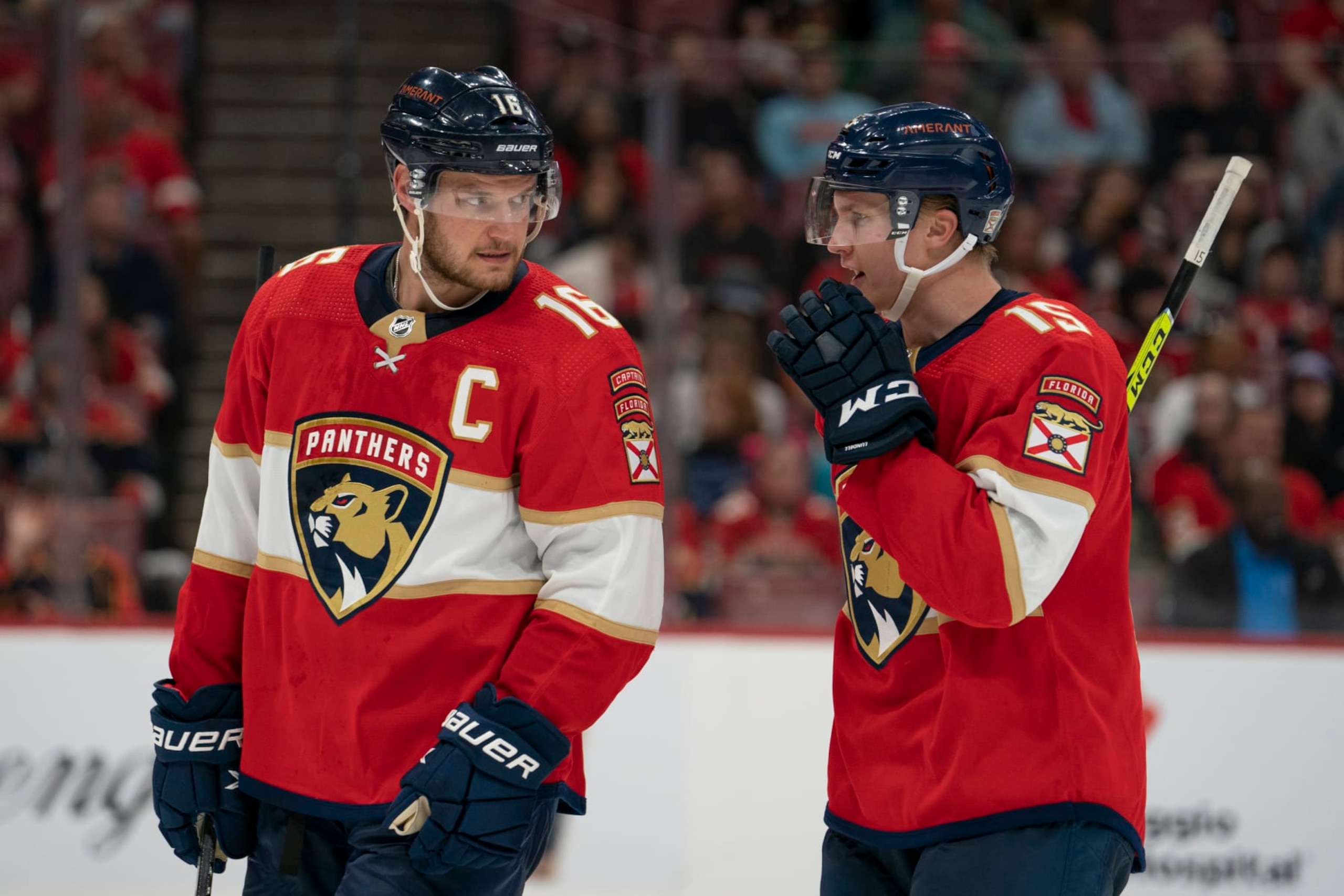SUNRISE, FL - SEPTEMBER 29: Aleksander Barkov #16 of the Florida Panthers and Anton Lundell #15 of the Florida Panthers talking during the game between the Florida Panthers and the Carolina Hurricanes at FLA Live Arena in Sunrise, FL on September 29, 2022. (Photo by Jason Mowry/Icon Sportswire via Getty Images)