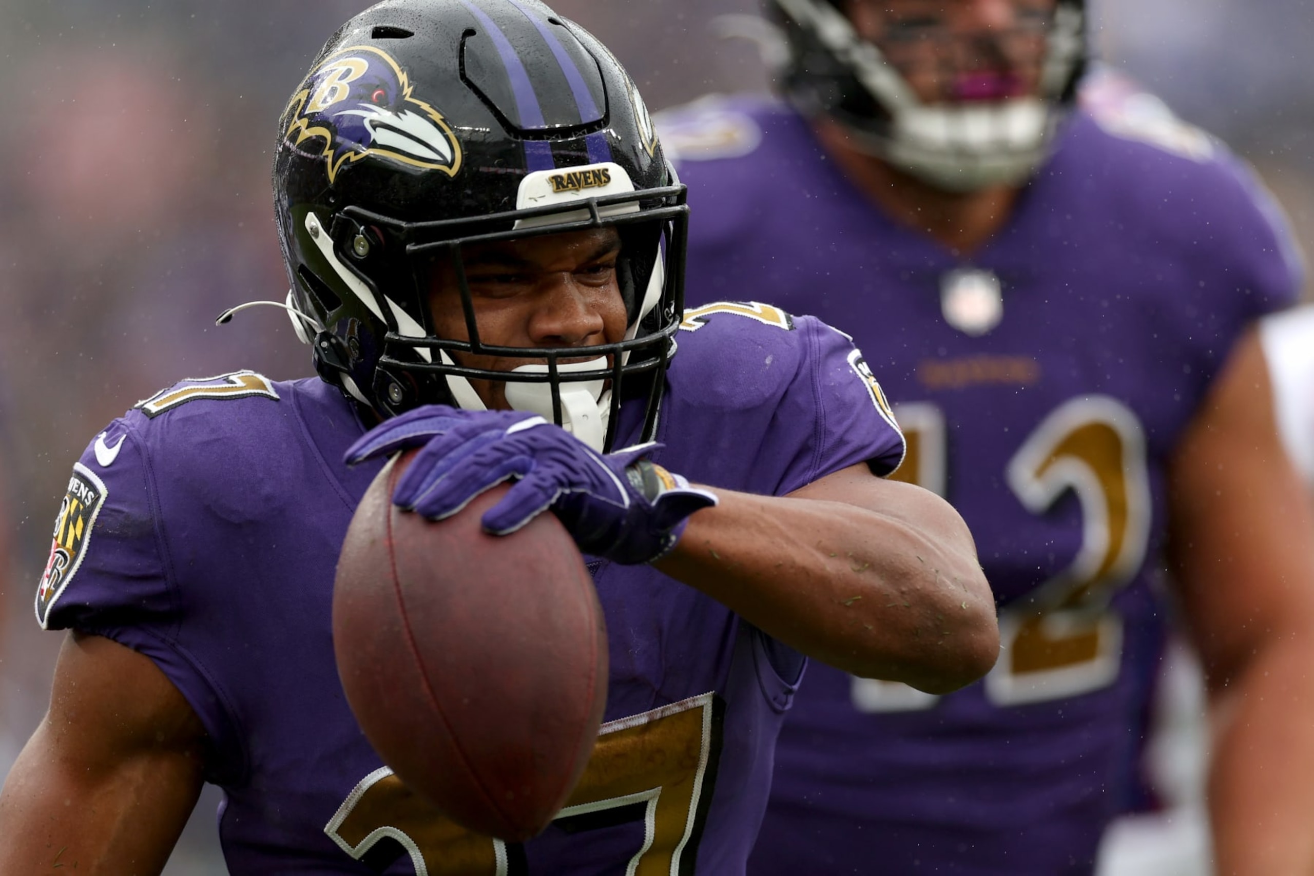 BALTIMORE, MARYLAND - OCTOBER 02: Running back J.K. Dobbins #27 of the Baltimore Ravens celebrates rushing for a touchdown against the Buffalo Bills at M&T Bank Stadium on October 02, 2022 in Baltimore, Maryland. (Photo by Rob Carr/Getty Images)