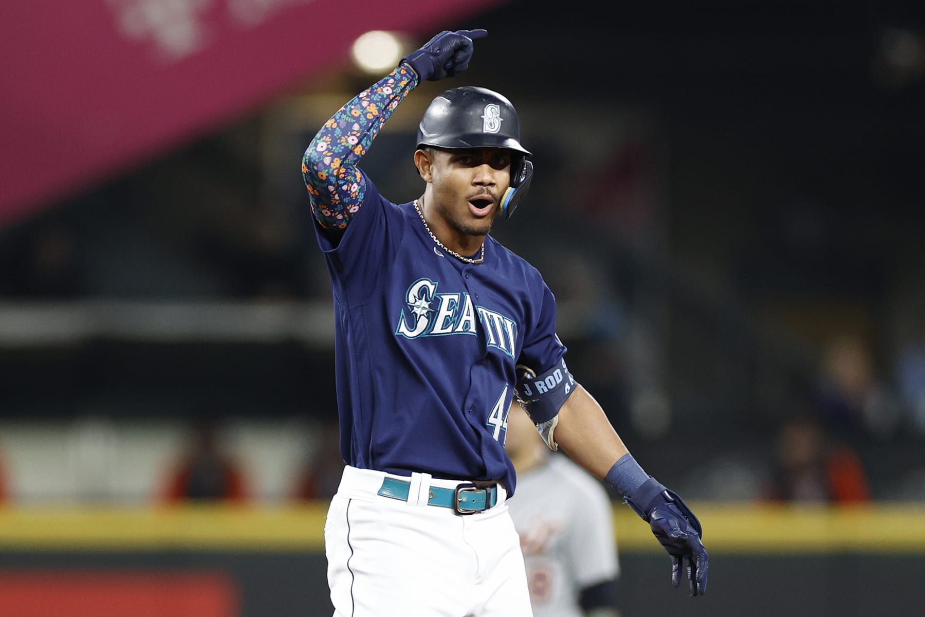 SEATTLE, WASHINGTON - OCTOBER 03: Julio Rodriguez #44 of the Seattle Mariners reacts after his RBI double during the seventh inning against the Detroit Tigers at T-Mobile Park on October 03, 2022 in Seattle, Washington. (Photo by Steph Chambers/Getty Images)