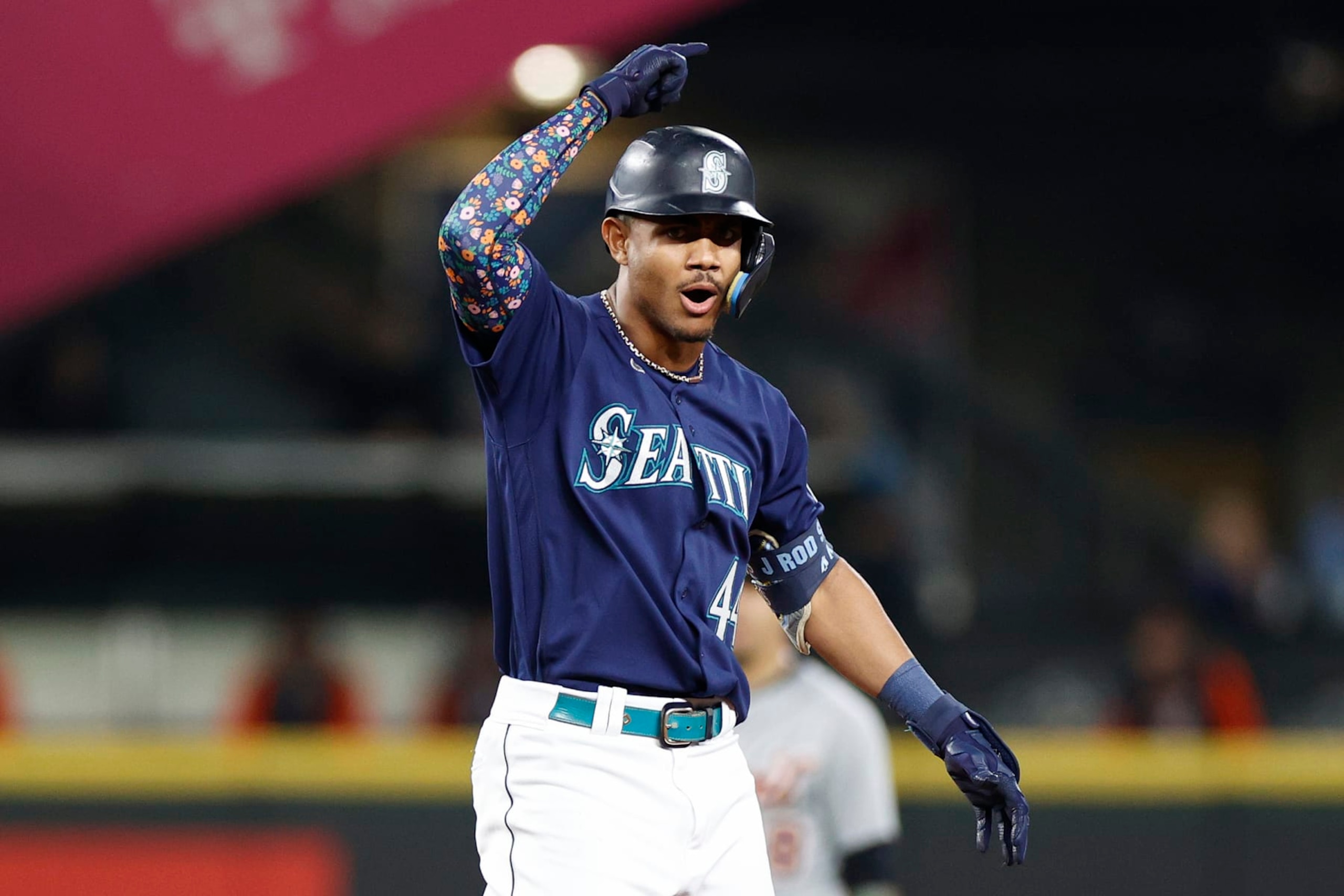 SEATTLE, WASHINGTON - OCTOBER 03: Julio Rodriguez #44 of the Seattle Mariners reacts after his RBI double during the seventh inning against the Detroit Tigers at T-Mobile Park on October 03, 2022 in Seattle, Washington. (Photo by Steph Chambers/Getty Images) SEATTLE, WASHINGTON - OCTOBER 03: Julio Rodriguez #44 of the Seattle Mariners reacts after his RBI double during the seventh inning against the Detroit Tigers at T-Mobile Park on October 03, 2022 in Seattle, Washington. (Photo by Steph Chambers/Getty Images)